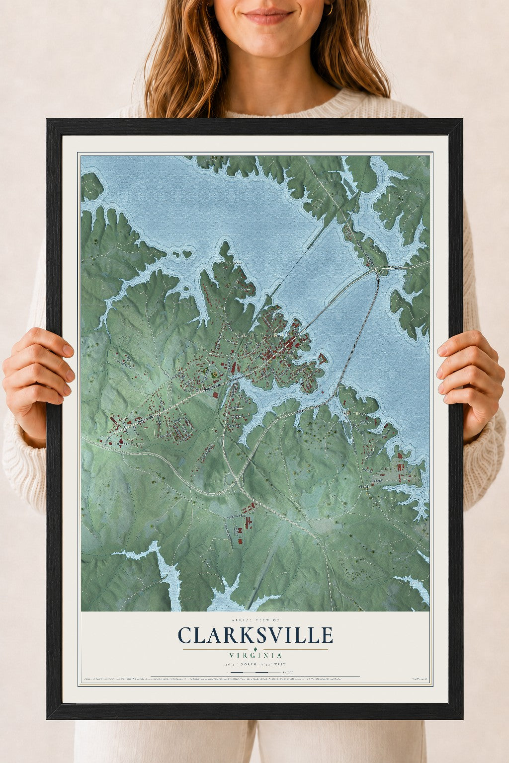 Map of Clarksville, Virginia, 18 x 24 inch print in a black wood frame