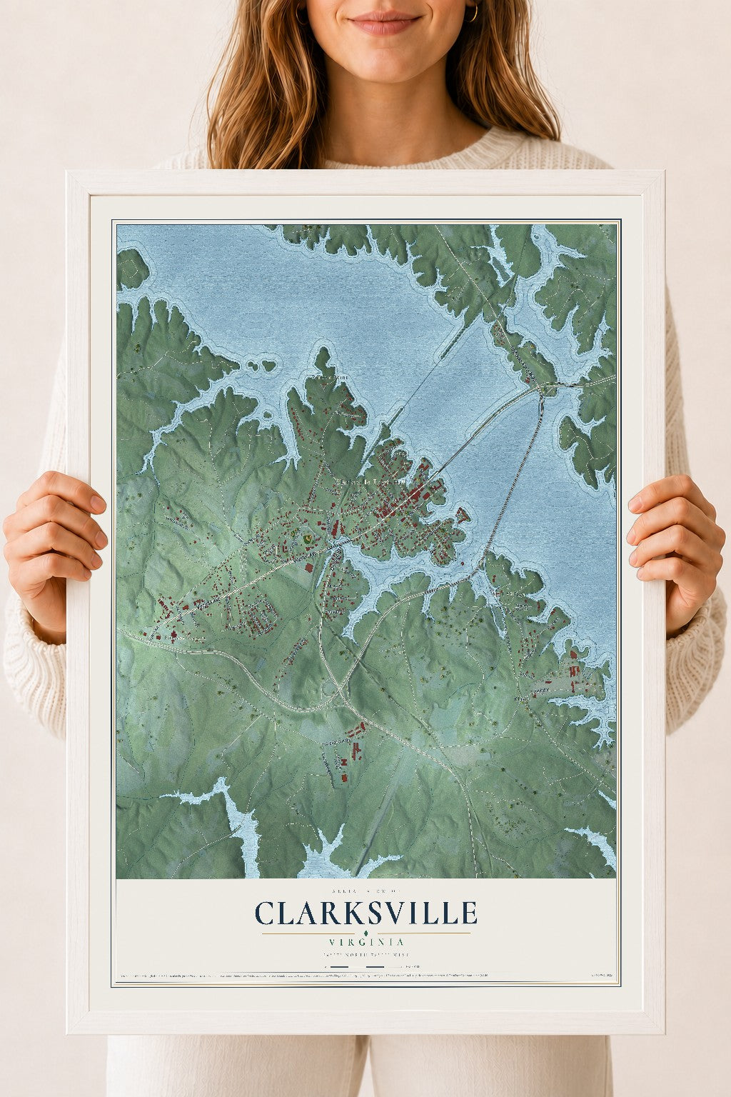 Map of Clarksville, Virginia, 18 x 24 inch print in a white wood frame