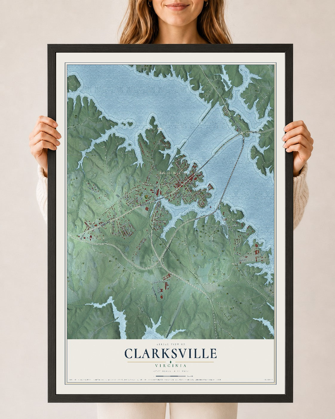Map of Clarksville, Virginia, 24 x 36 inch print in a black wood frame