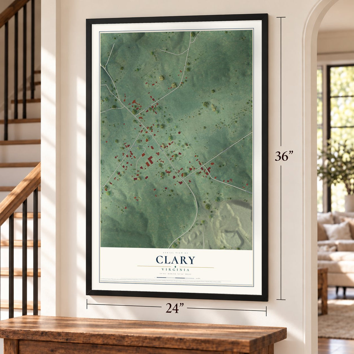 Clary, Virginia map, 24 x 36 inch print in a black frame by a staircase