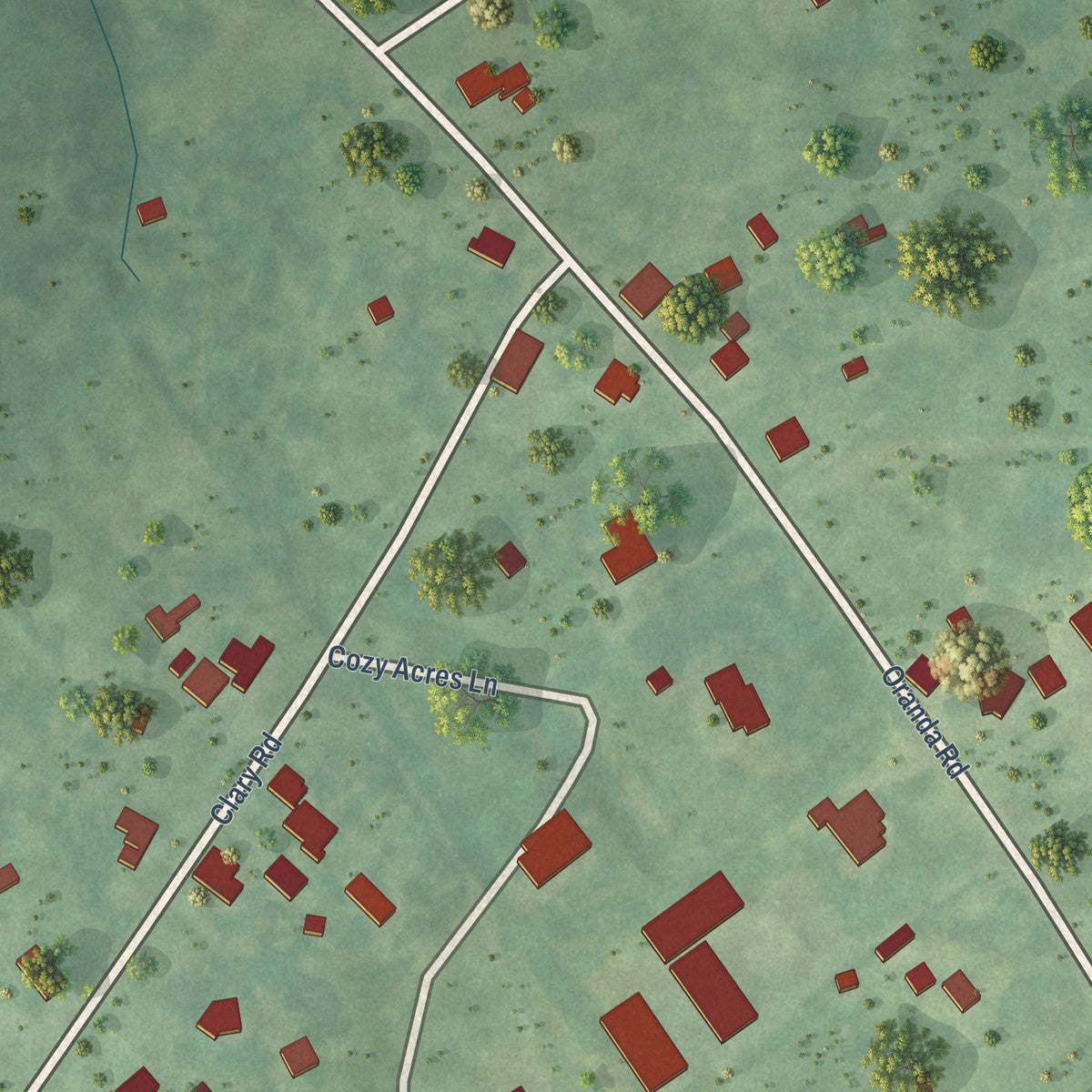 Close-up of the map of Clary, Virginia print showing street and building detail