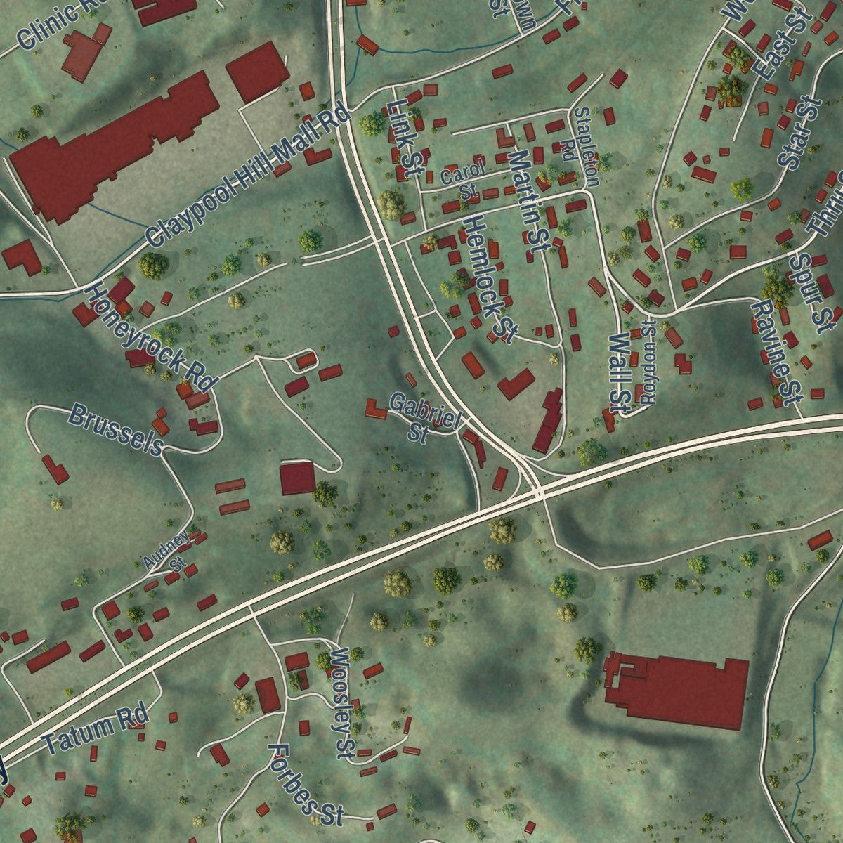 Close-up of the map of Claypool Hill, Virginia print showing street and building detail