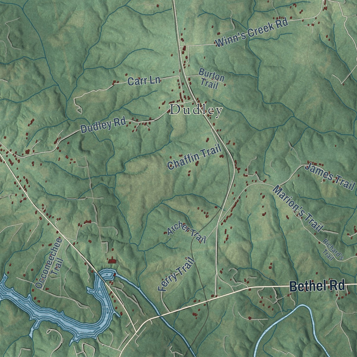 Close-up of the map of Clays Mill, Virginia print showing street and building detail