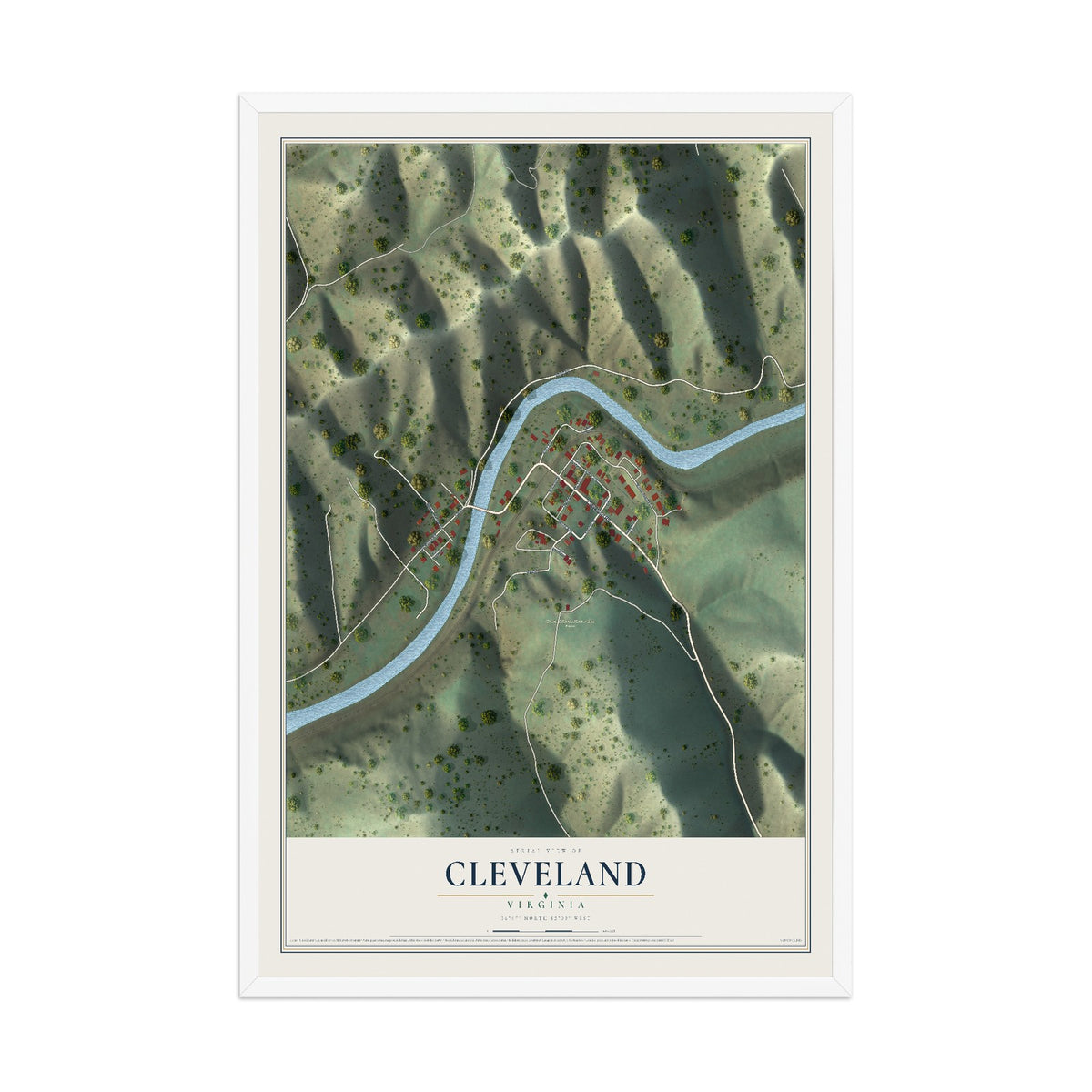 Map of Cleveland, Virginia, 12 x 18 inch print in a white wood frame