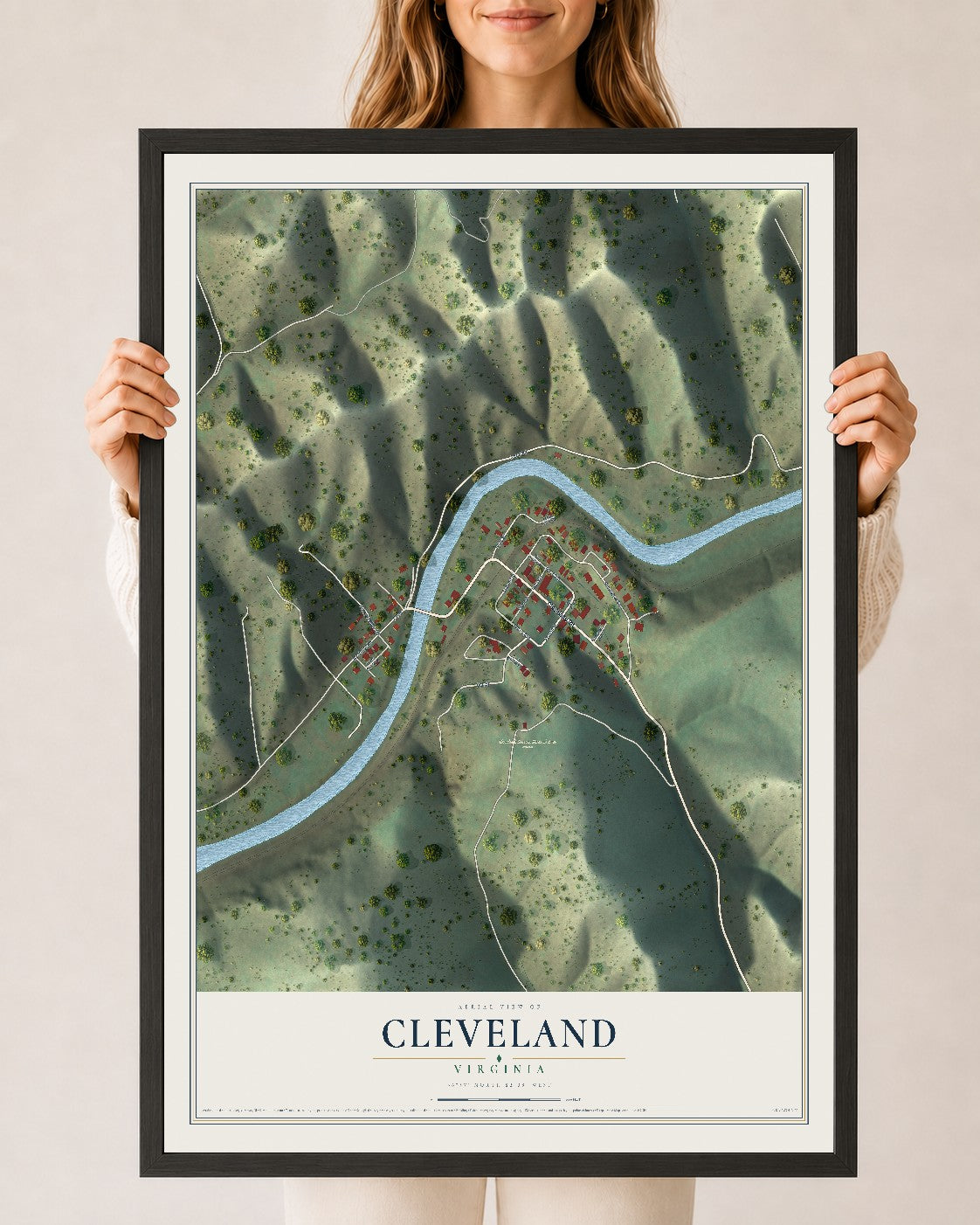 Map of Cleveland, Virginia, 24 x 36 inch print in a black wood frame