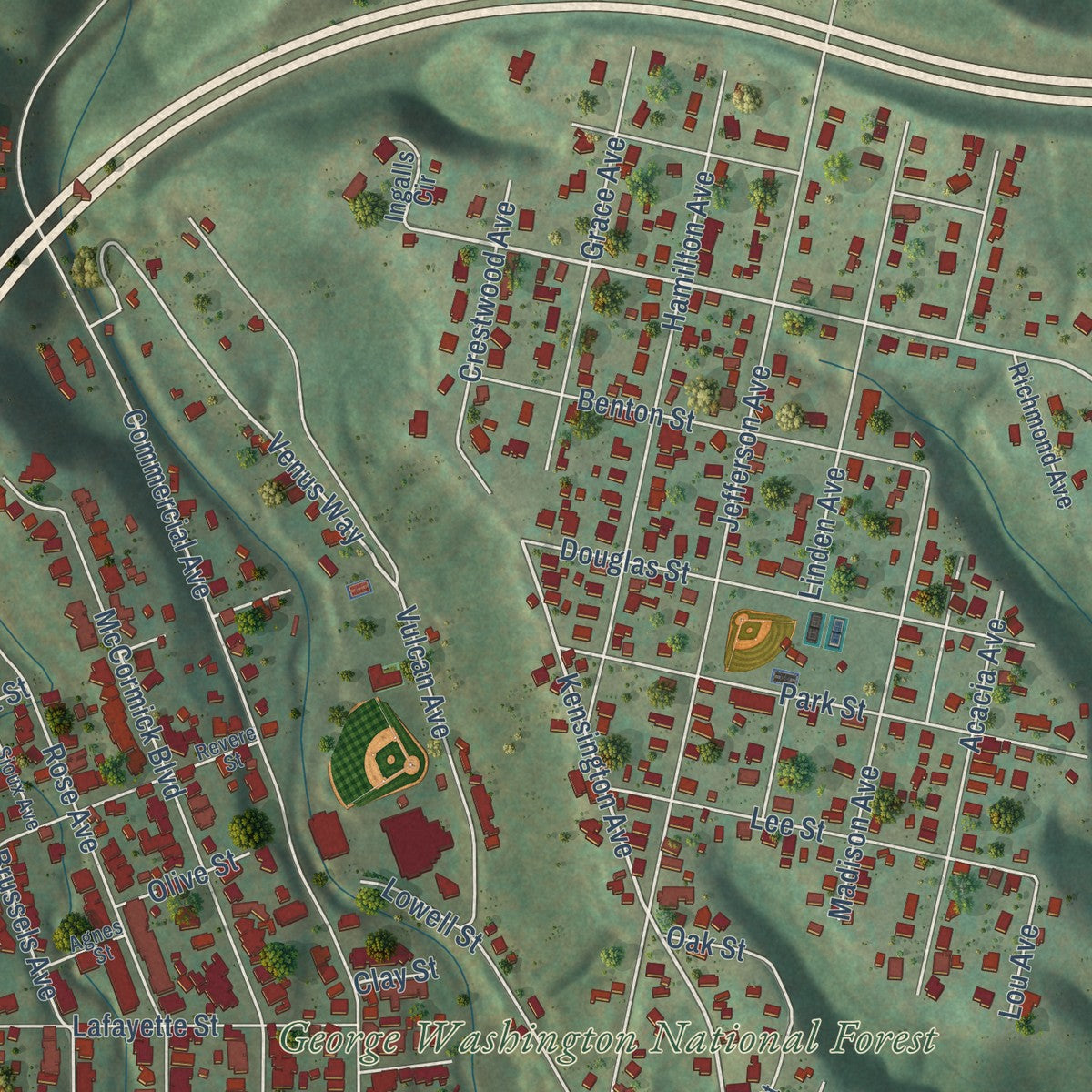 Close-up of the map of Clifton Forge, Virginia print showing street and building detail
