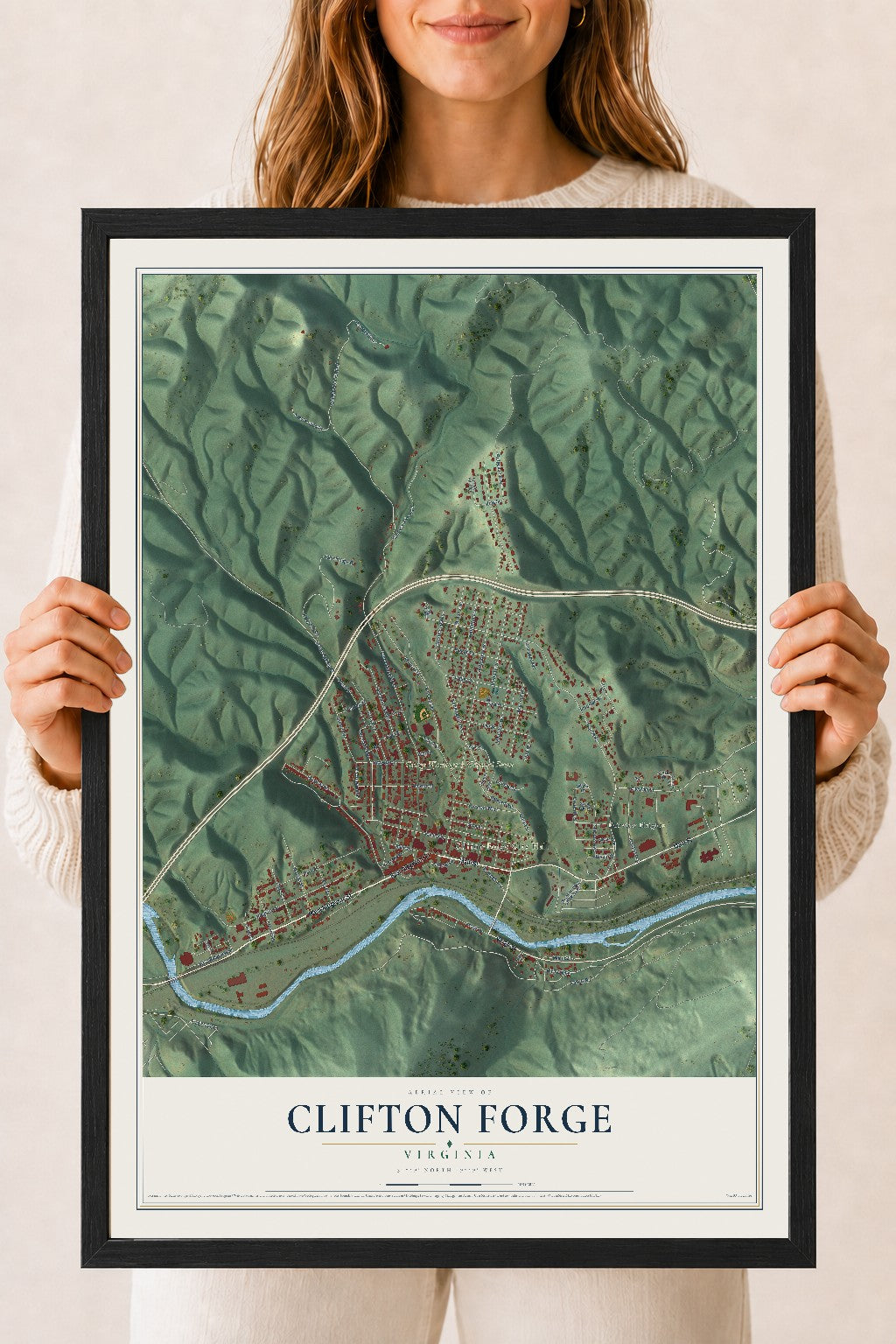 Map of Clifton Forge, Virginia, 18 x 24 inch print in a black wood frame