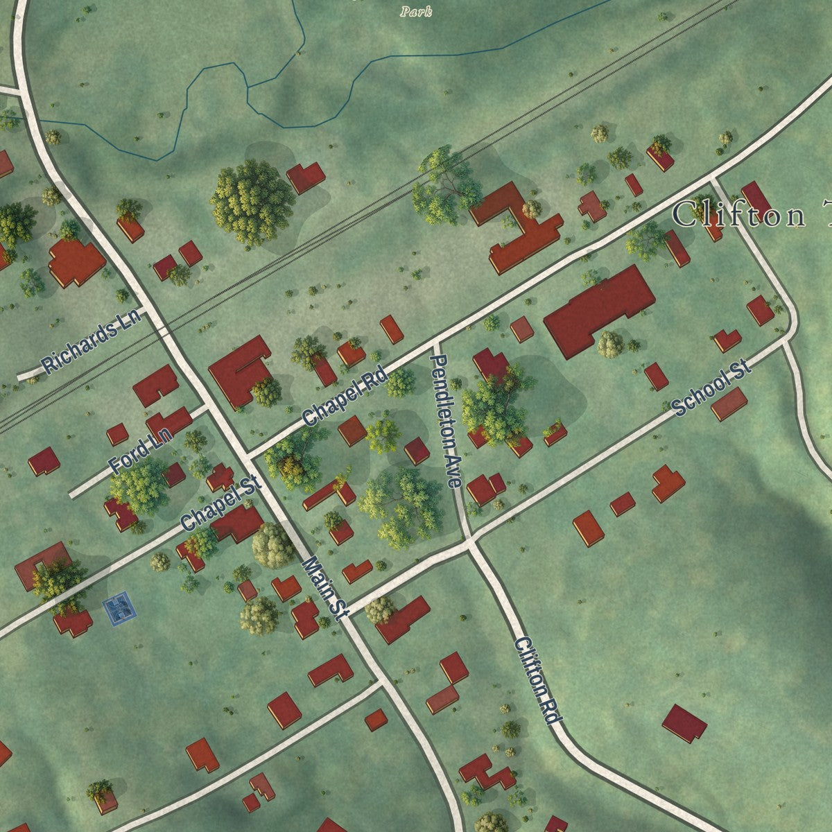 Close-up of the map of Clifton, Virginia print showing street and building detail