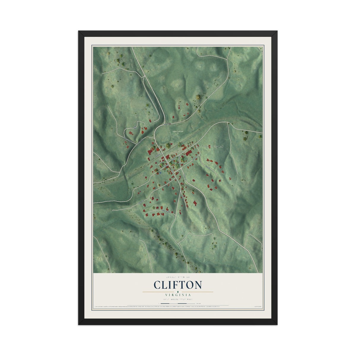 Map of Clifton, Virginia, 12 x 18 inch print in a black wood frame