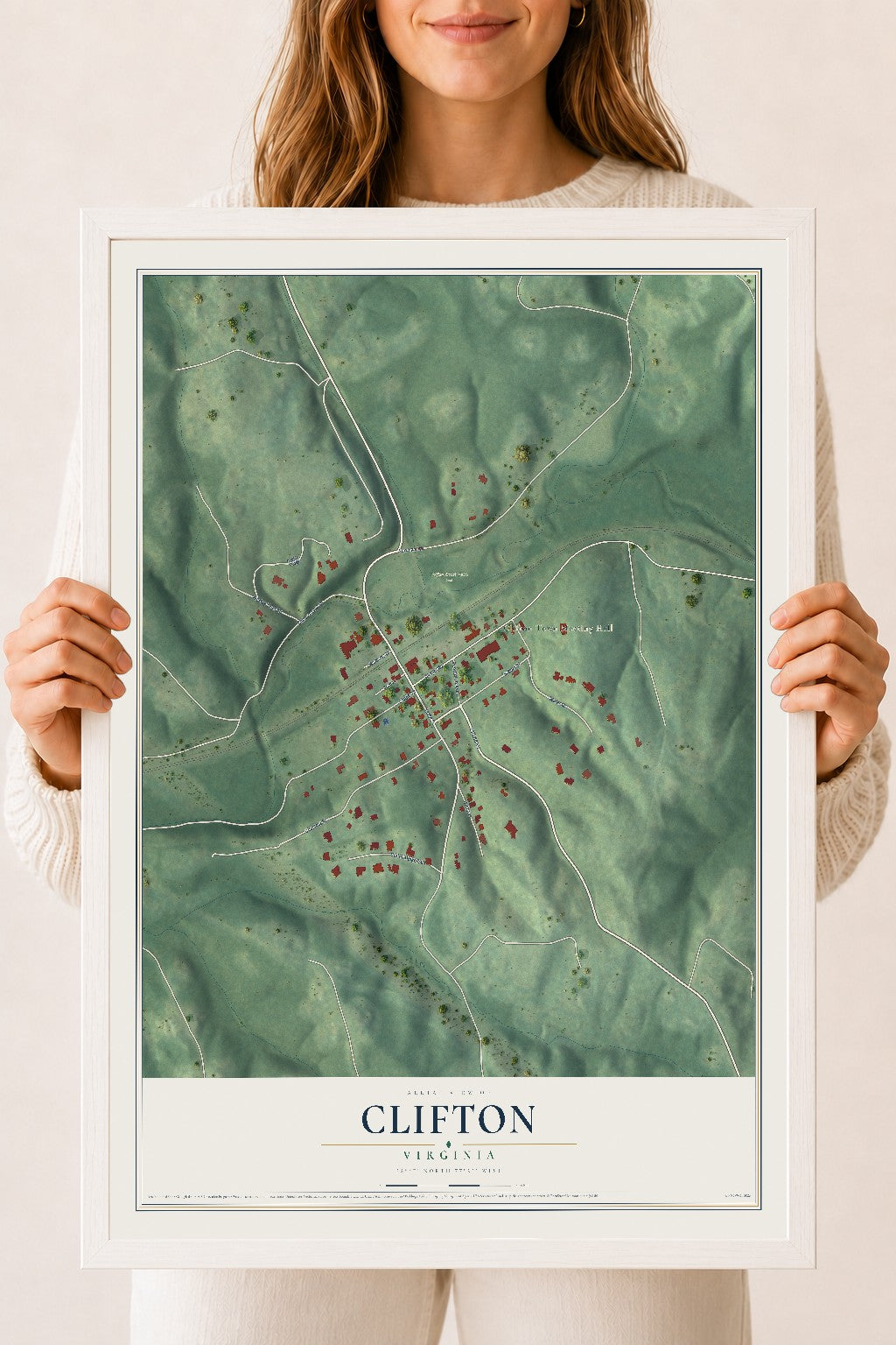 Map of Clifton, Virginia, 18 x 24 inch print in a white wood frame