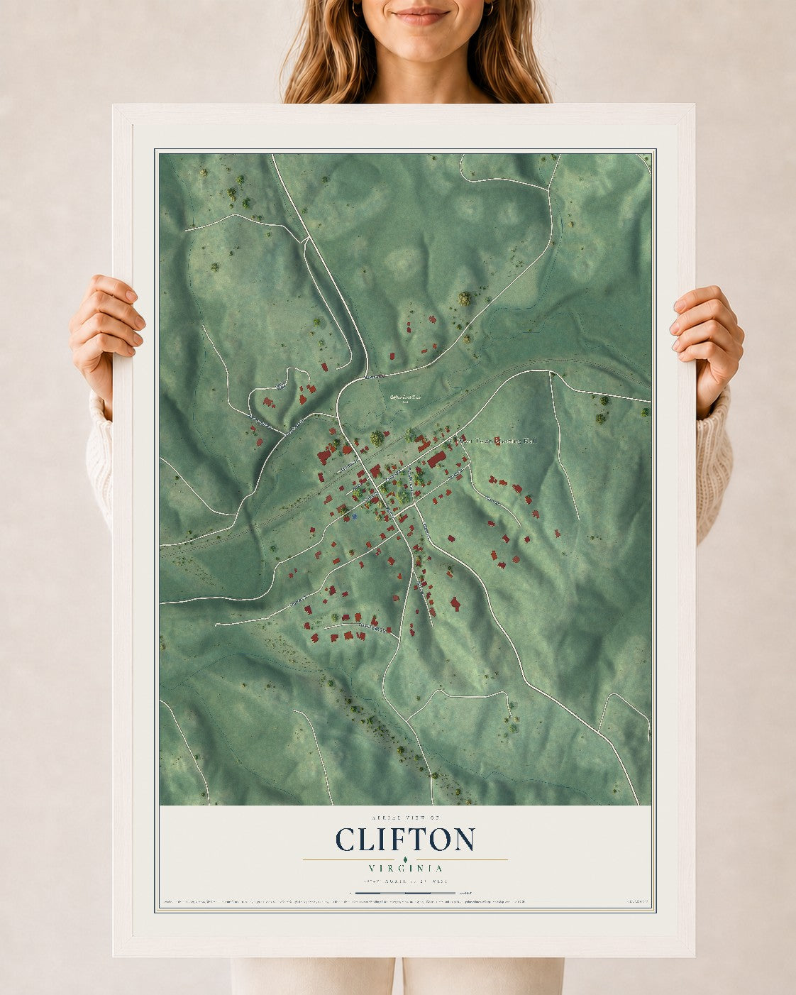 Map of Clifton, Virginia, 24 x 36 inch print in a white wood frame