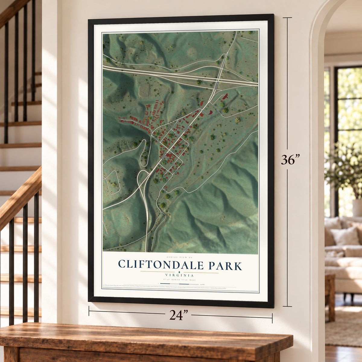 Cliftondale Park, Virginia map, 24 x 36 inch print in a black frame by a staircase