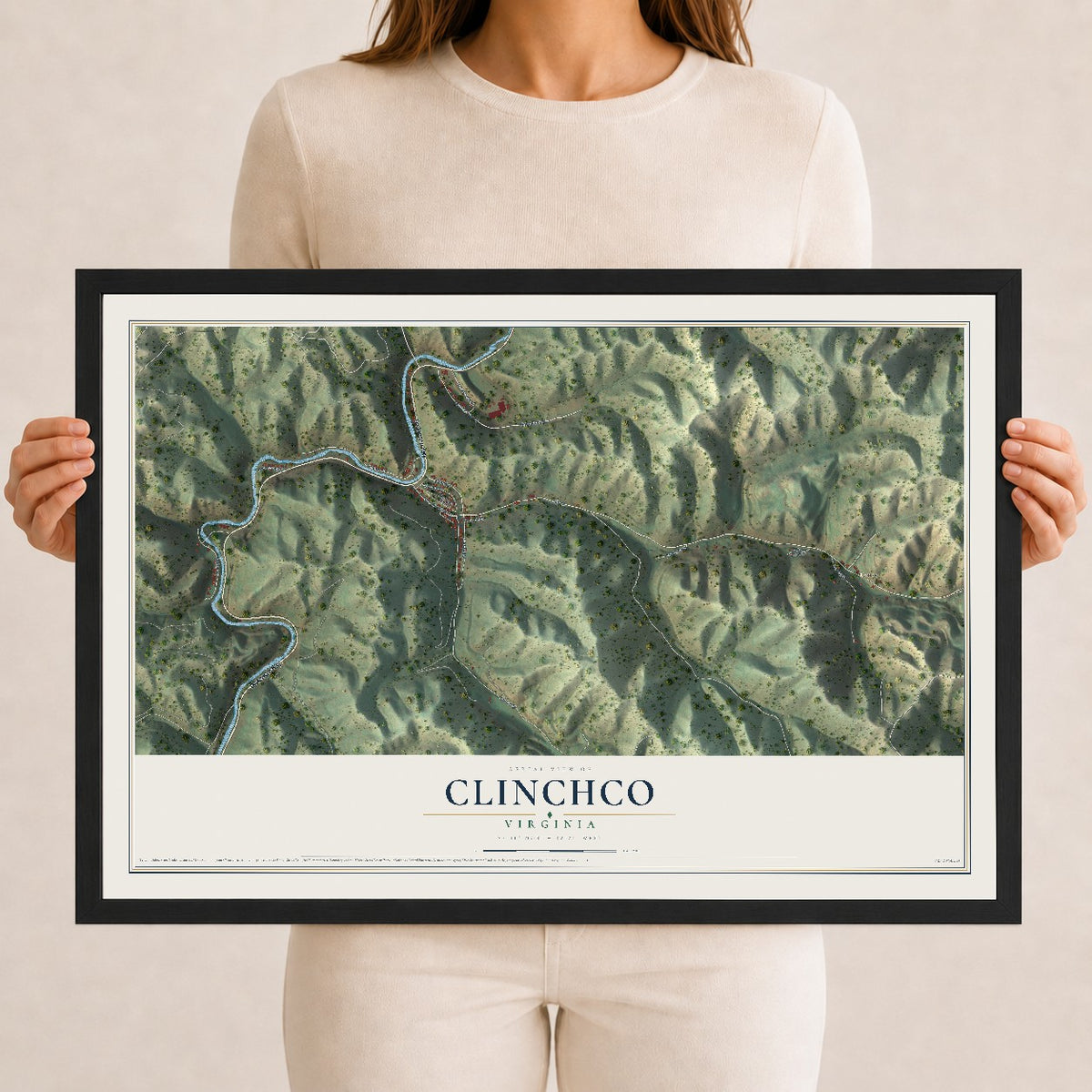 Map of Clinchco, Virginia, 12 x 18 inch print in a black wood frame