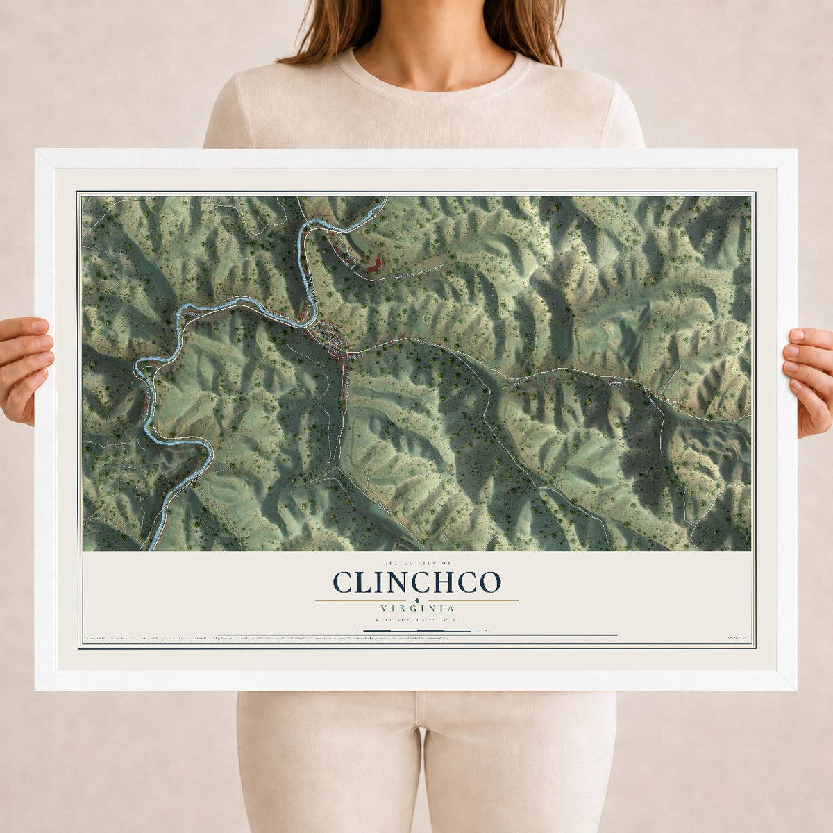 Map of Clinchco, Virginia, 18 x 24 inch print in a white wood frame