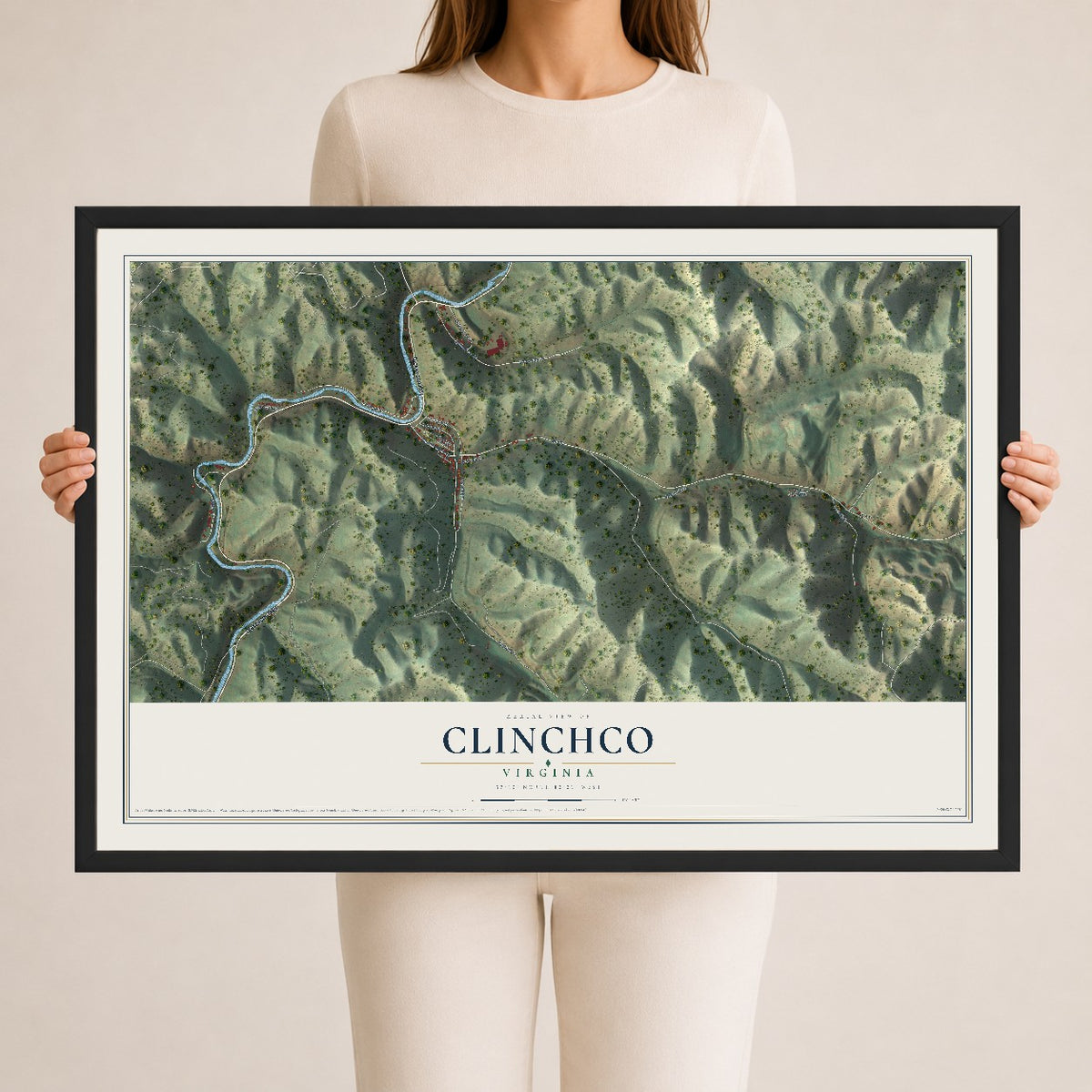 Map of Clinchco, Virginia, 24 x 36 inch print in a black wood frame