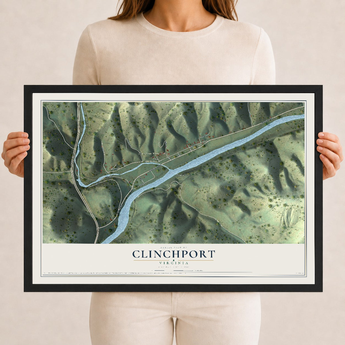 Map of Clinchport, Virginia, 12 x 18 inch print in a black wood frame