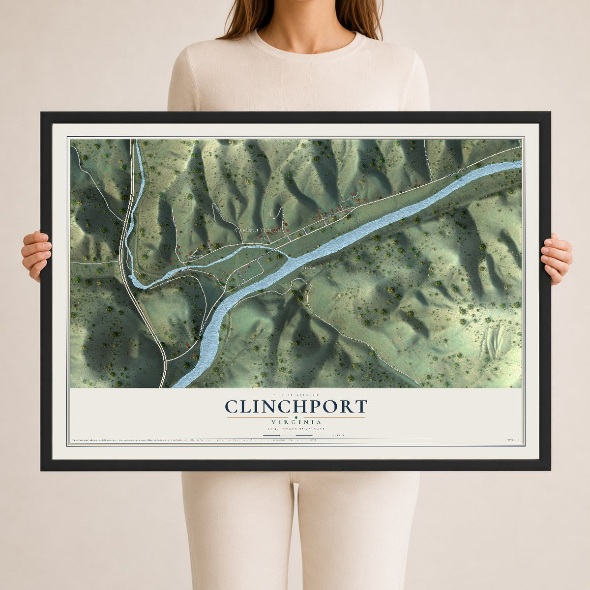 Map of Clinchport, Virginia, 24 x 36 inch print in a black wood frame