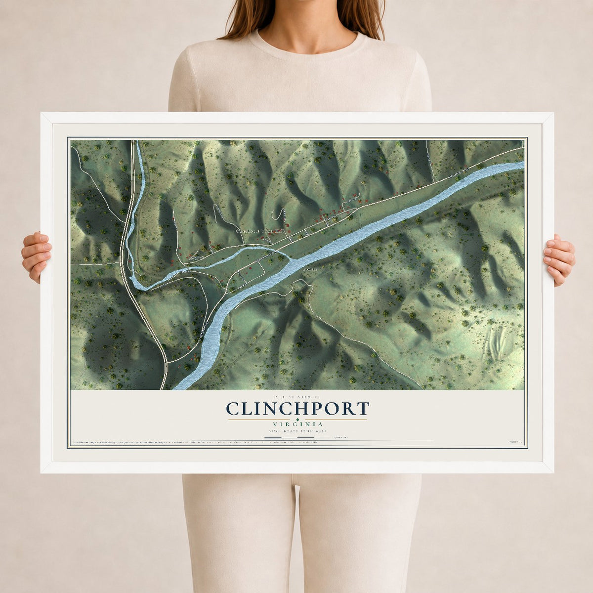 Map of Clinchport, Virginia, 24 x 36 inch print in a white wood frame