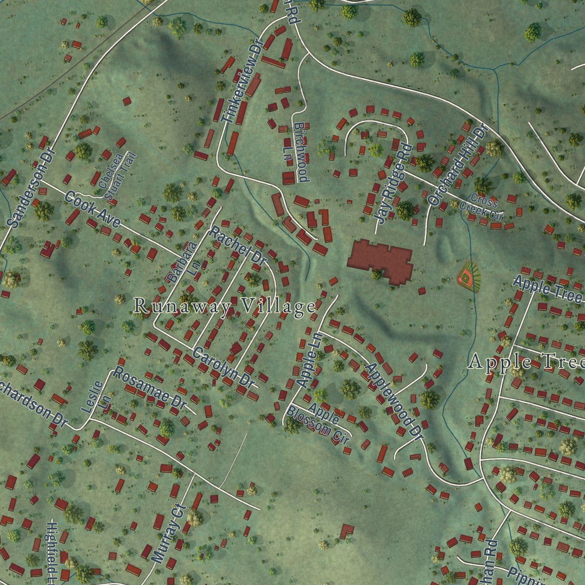 Close-up of the map of Cloverdale, Virginia print showing street and building detail