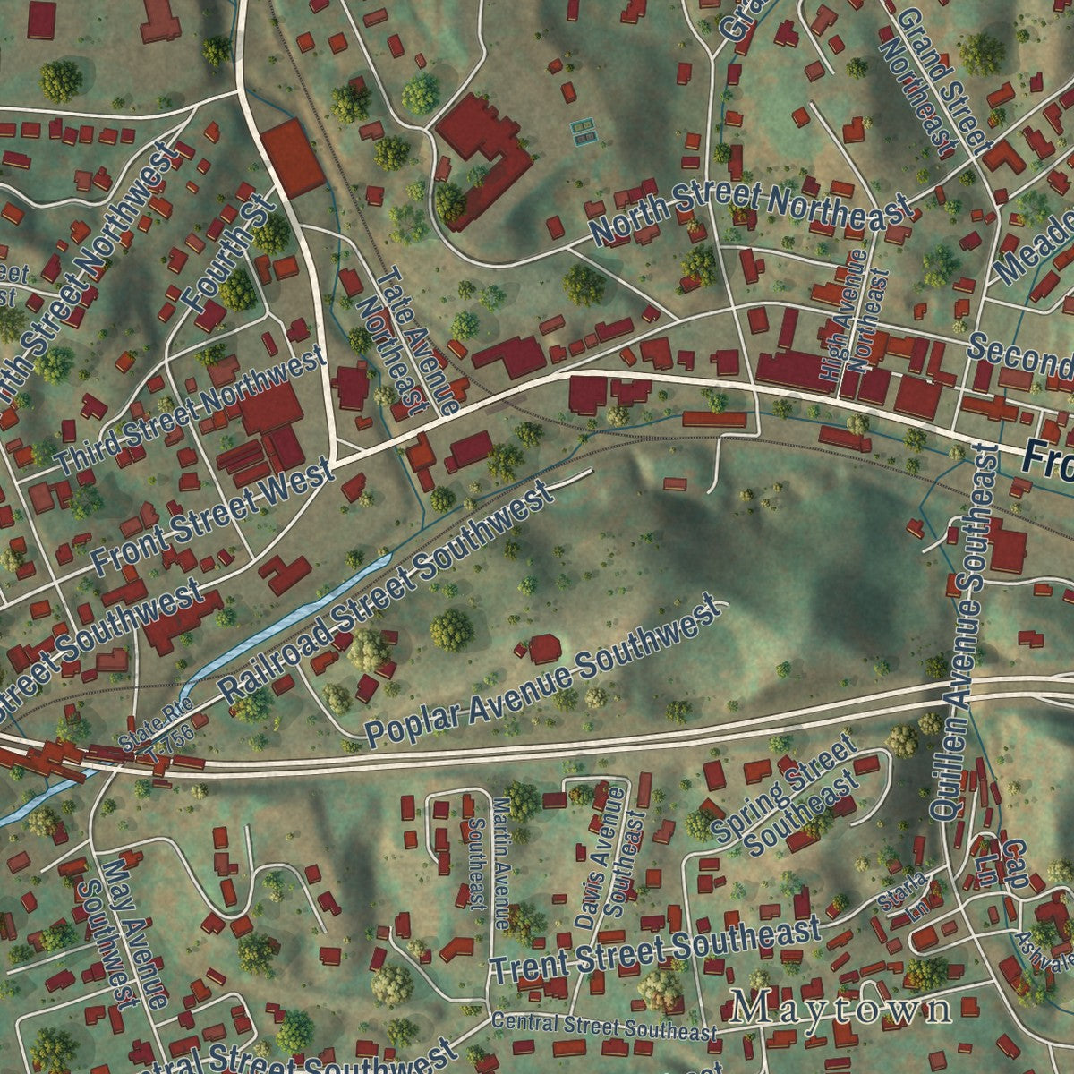 Close-up of the map of Coeburn, Virginia print showing street and building detail