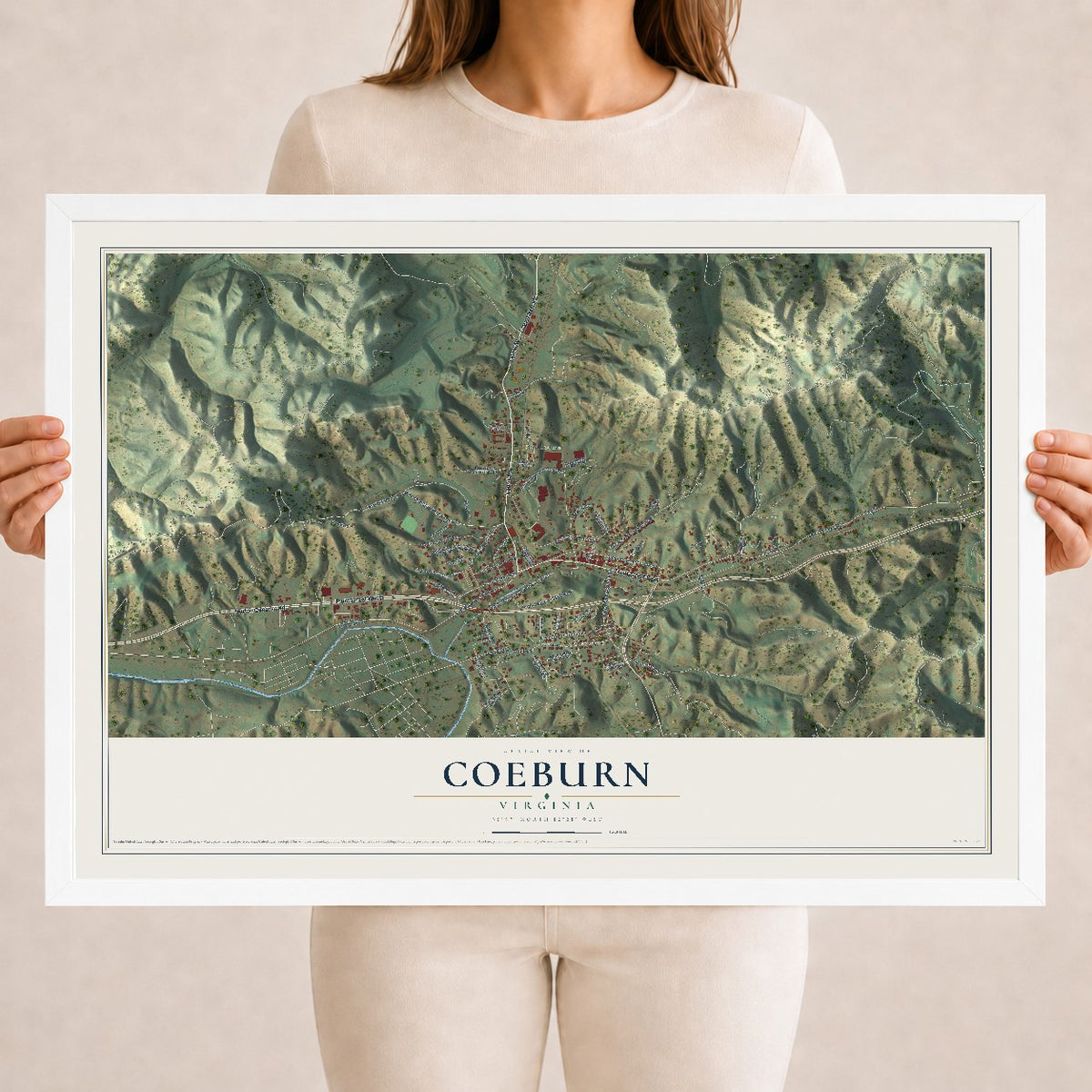 Map of Coeburn, Virginia, 18 x 24 inch print in a white wood frame