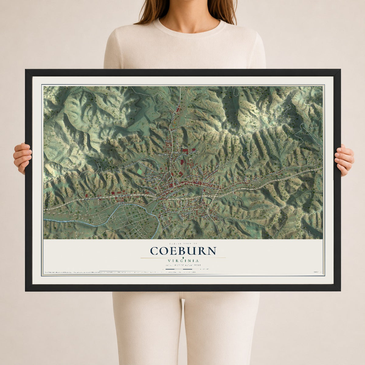 Map of Coeburn, Virginia, 24 x 36 inch print in a black wood frame