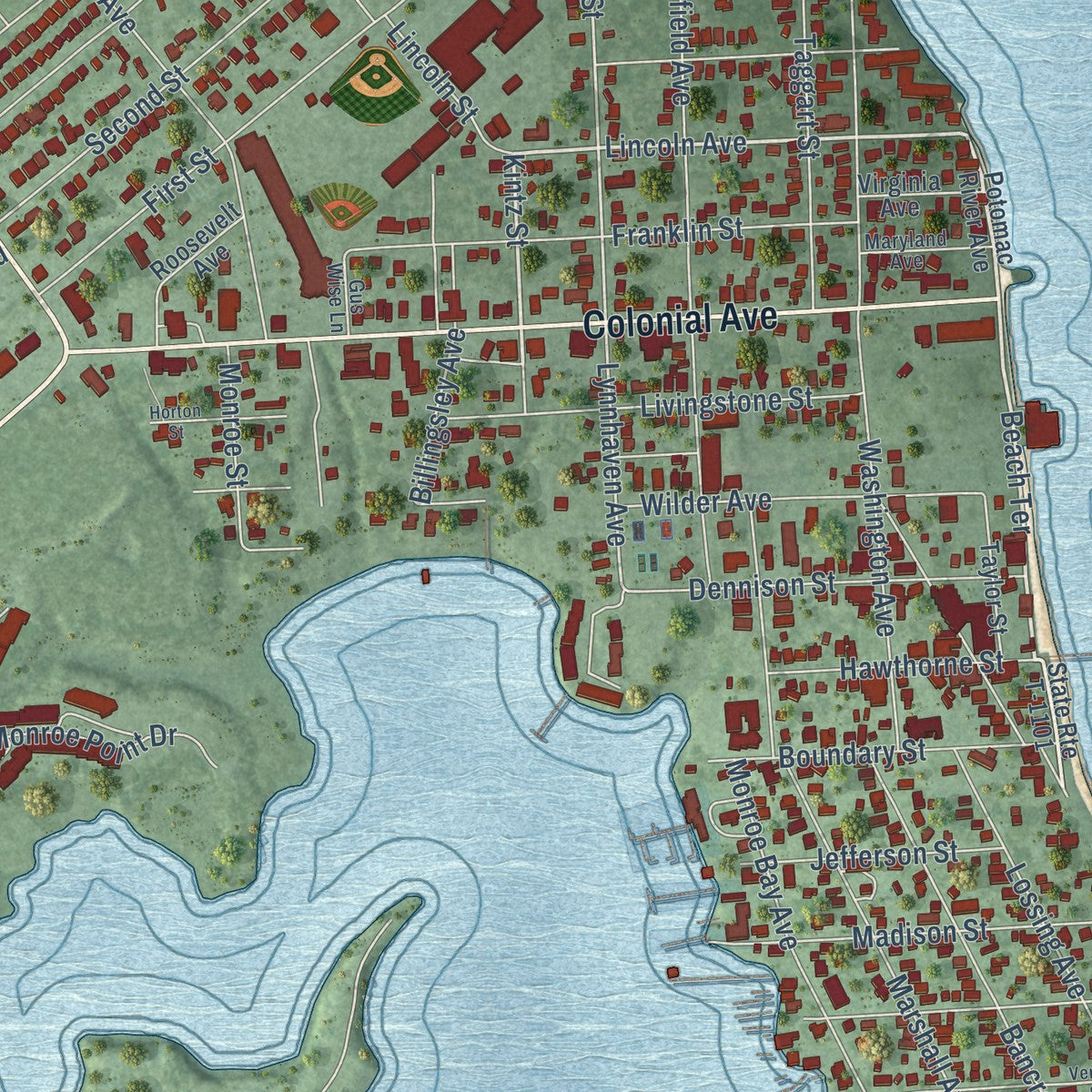 Close-up of the map of Colonial Beach, Virginia print showing street and building detail