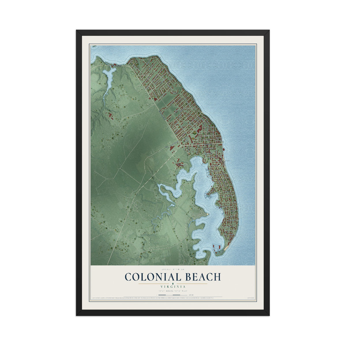 Map of Colonial Beach, Virginia, 12 x 18 inch print in a black wood frame