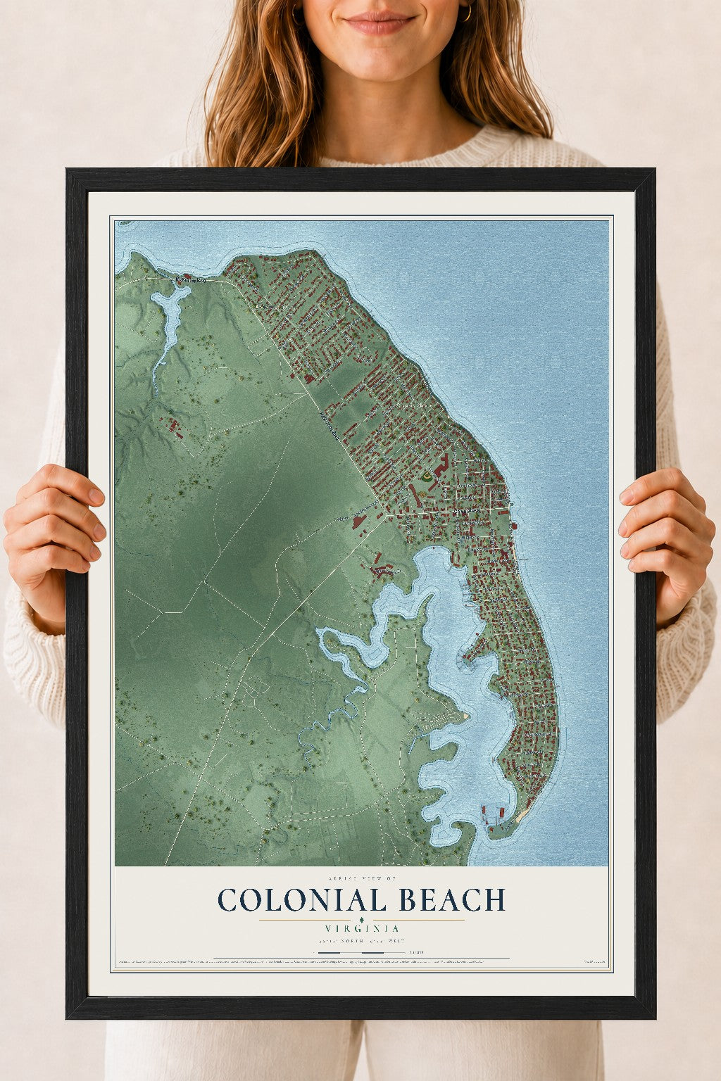 Map of Colonial Beach, Virginia, 18 x 24 inch print in a black wood frame