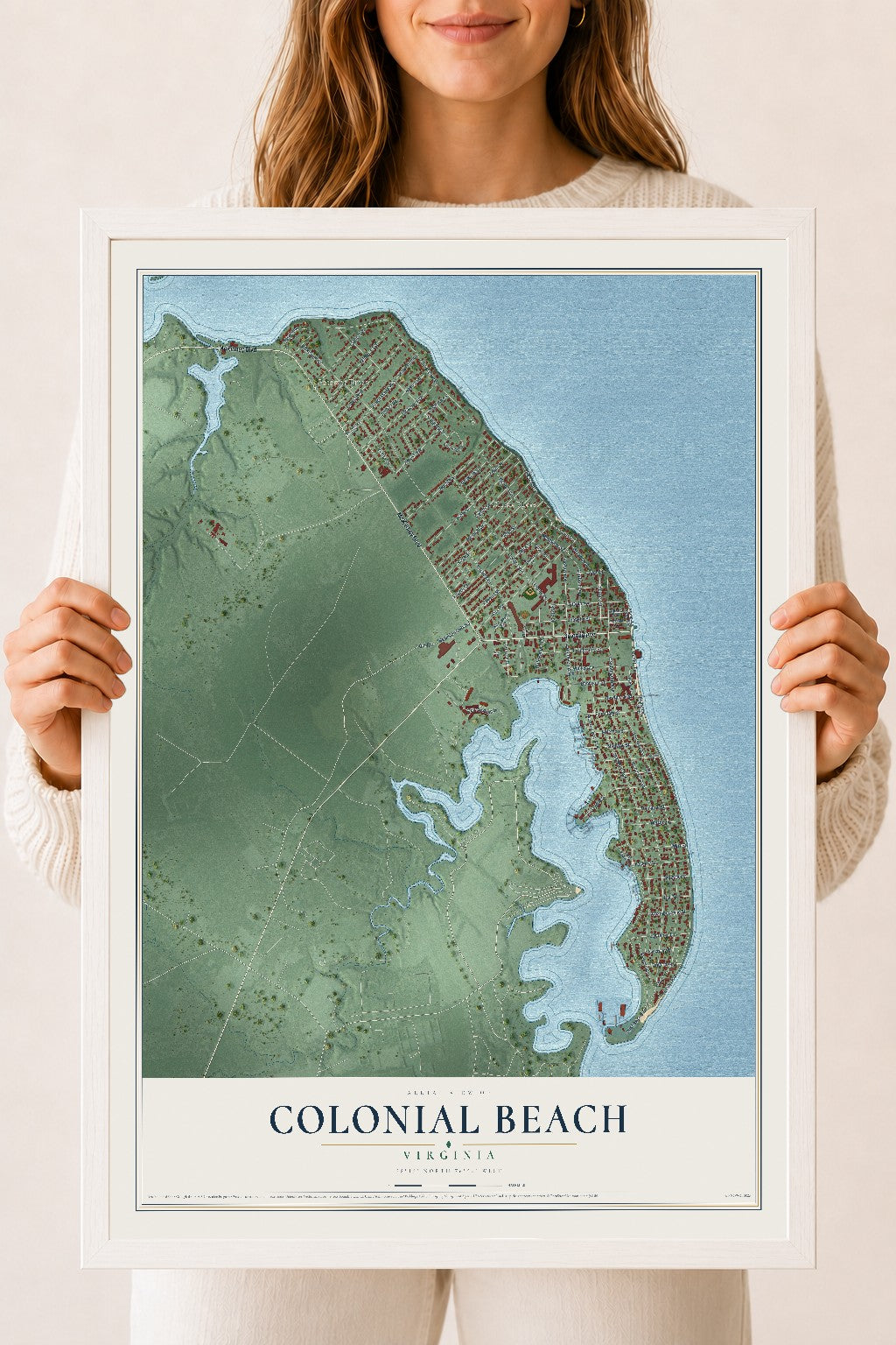 Map of Colonial Beach, Virginia, 18 x 24 inch print in a white wood frame