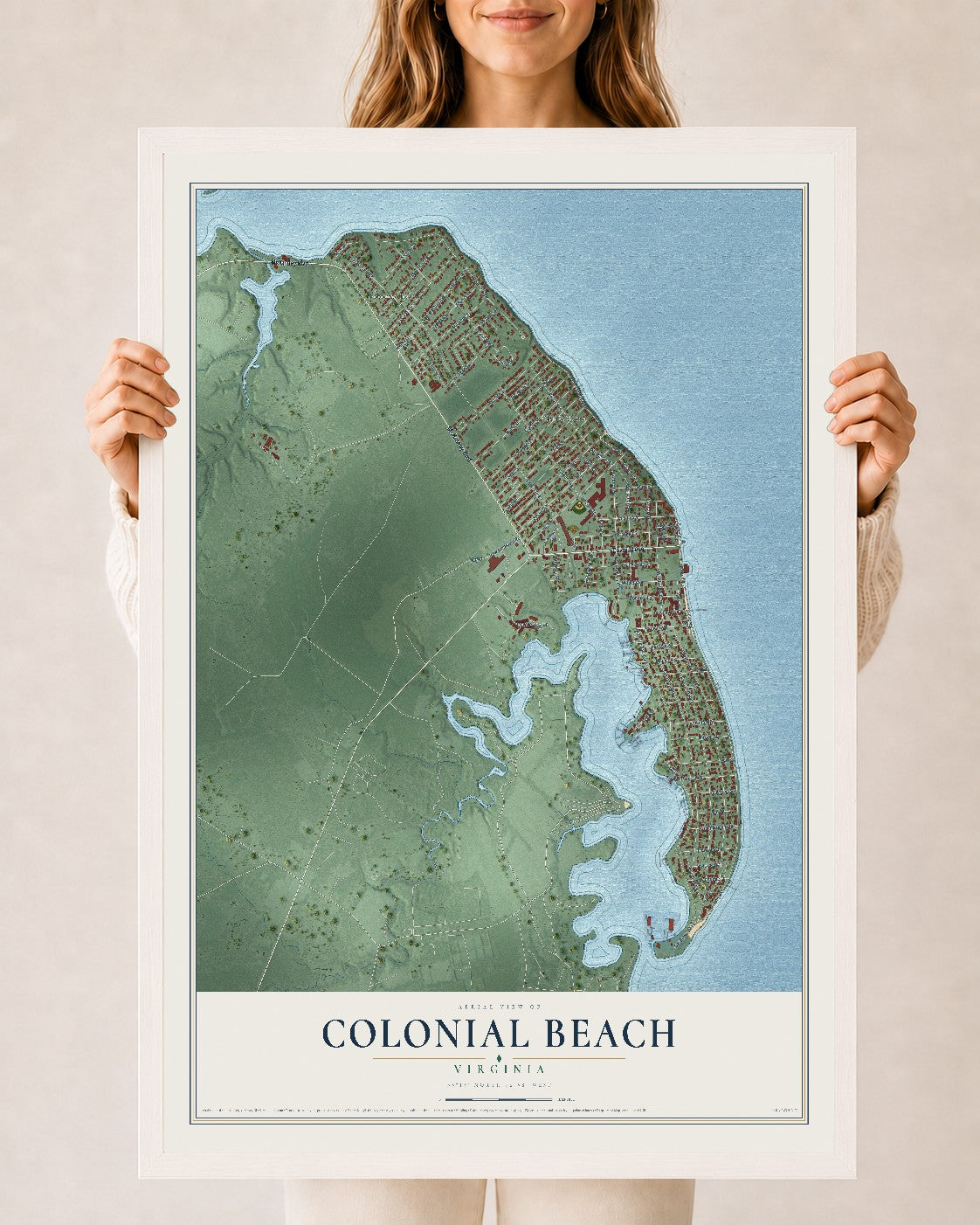 Map of Colonial Beach, Virginia, 24 x 36 inch print in a white wood frame