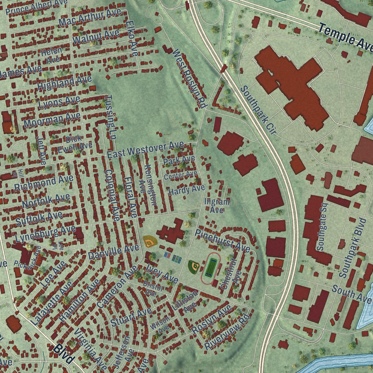 Close-up of the map of Colonial Heights, Virginia print showing street and building detail