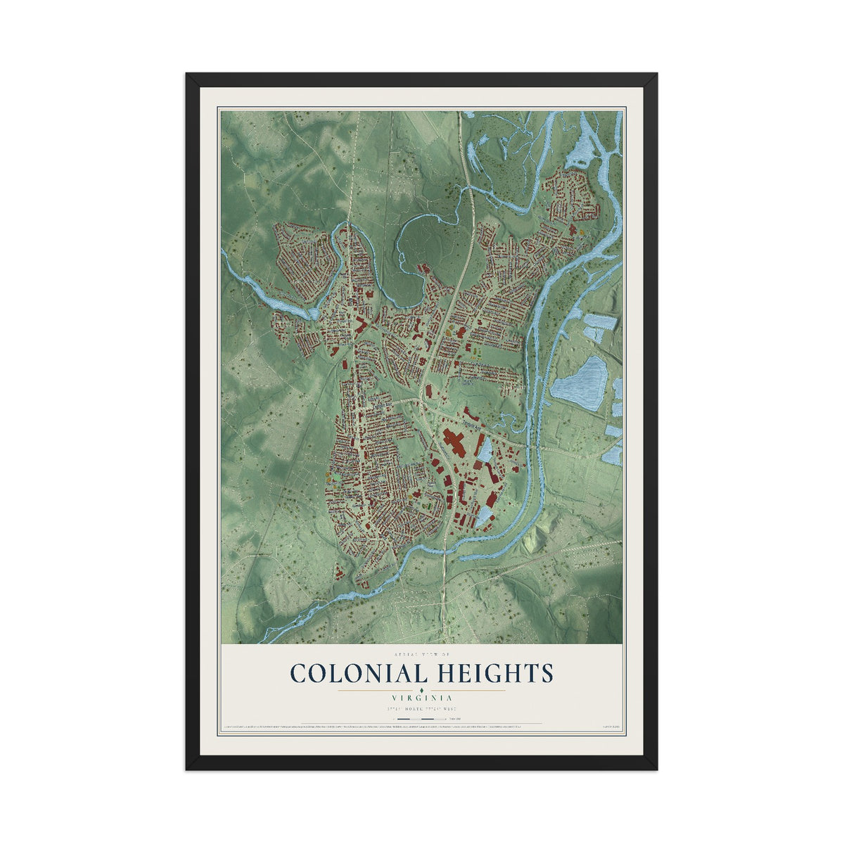 Map of Colonial Heights, Virginia, 12 x 18 inch print in a black wood frame