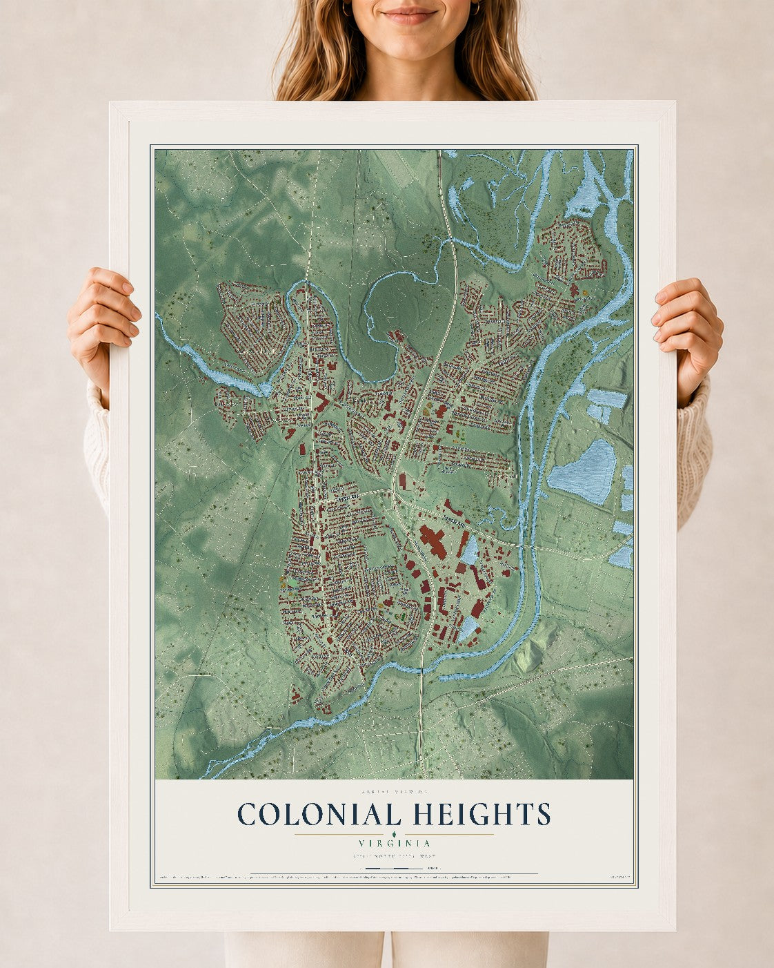 Map of Colonial Heights, Virginia, 24 x 36 inch print in a white wood frame
