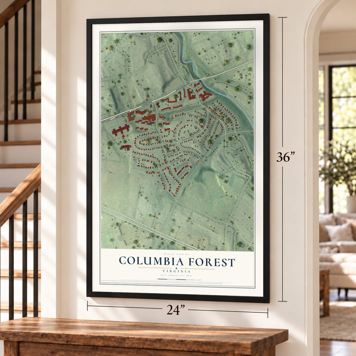 Columbia Forest, Virginia map, 24 x 36 inch print in a black frame by a staircase