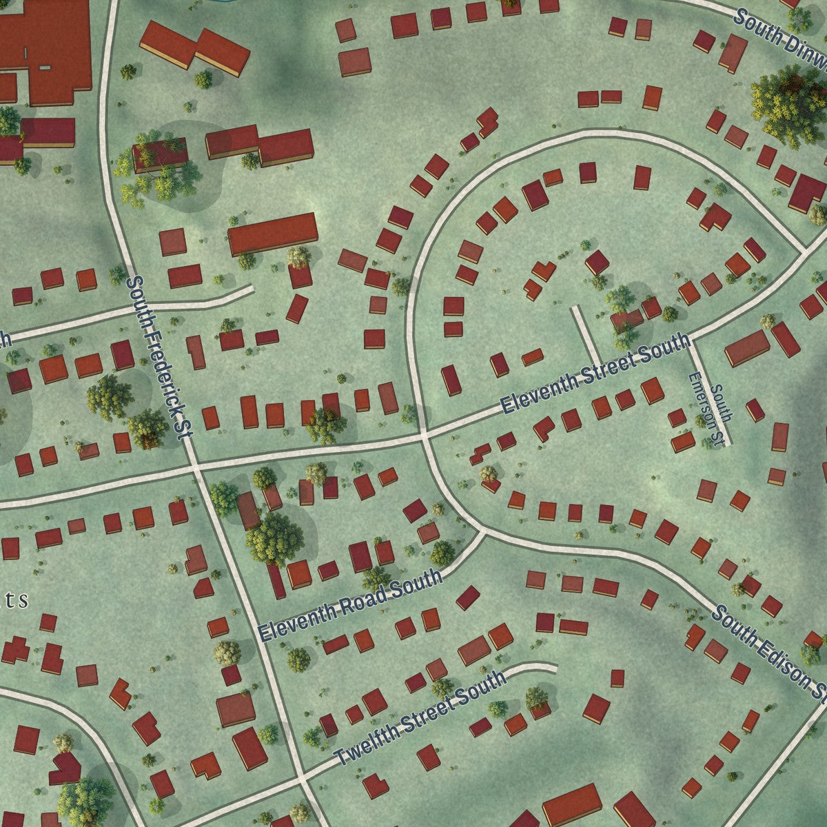 Close-up of the map of Columbia Forest, Virginia print showing street and building detail