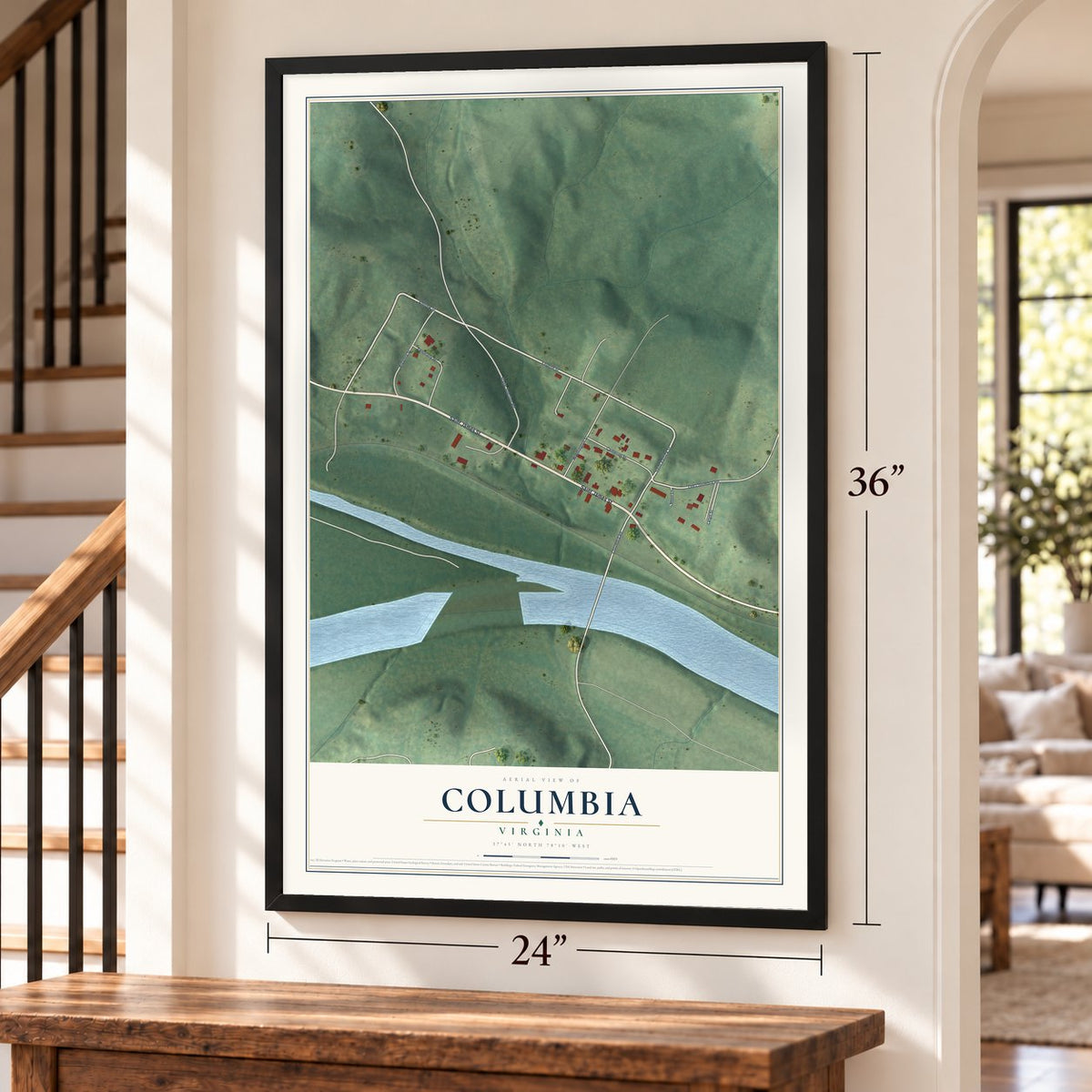 Columbia, Virginia map, 24 x 36 inch print in a black frame by a staircase