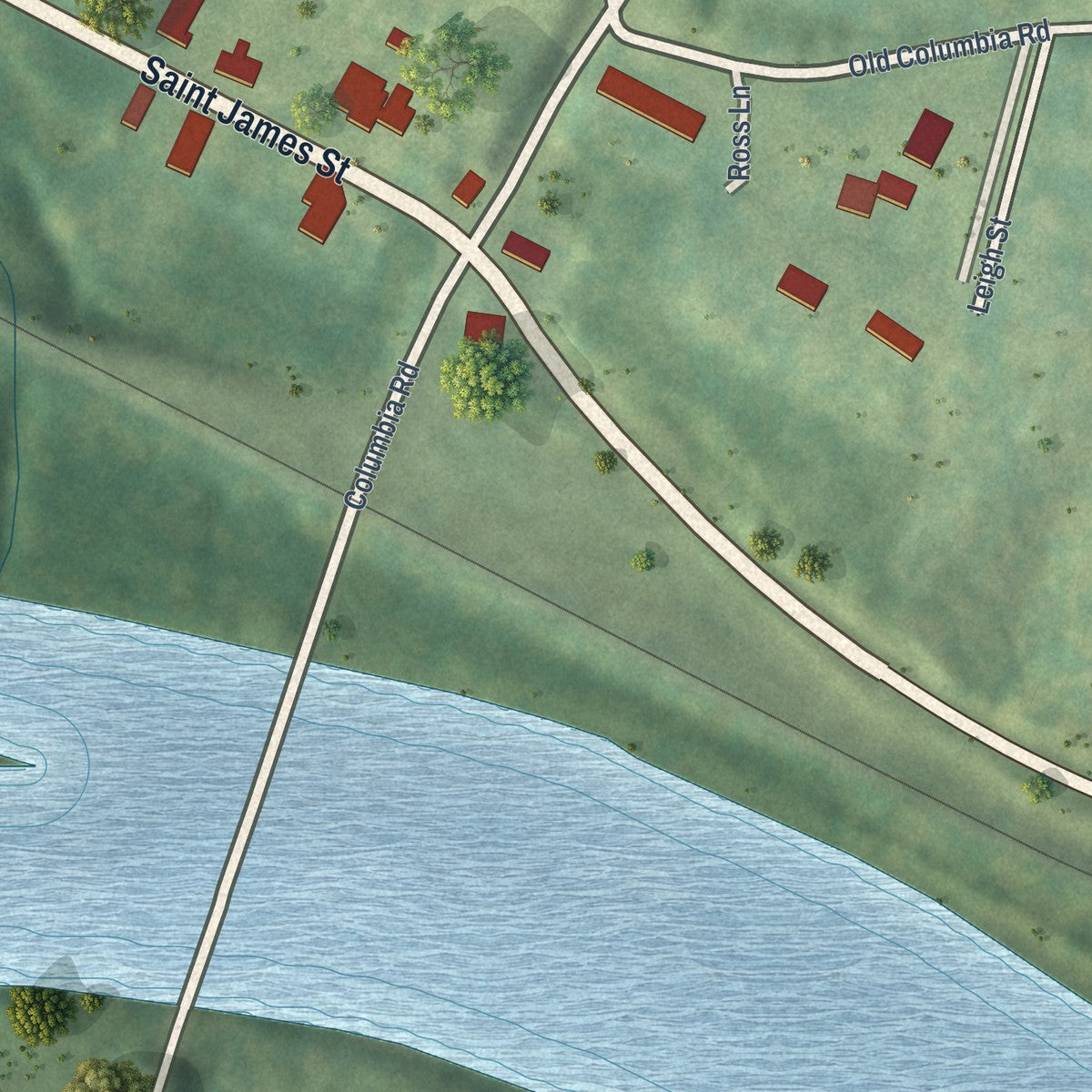 Close-up of the map of Columbia, Virginia print showing street and building detail