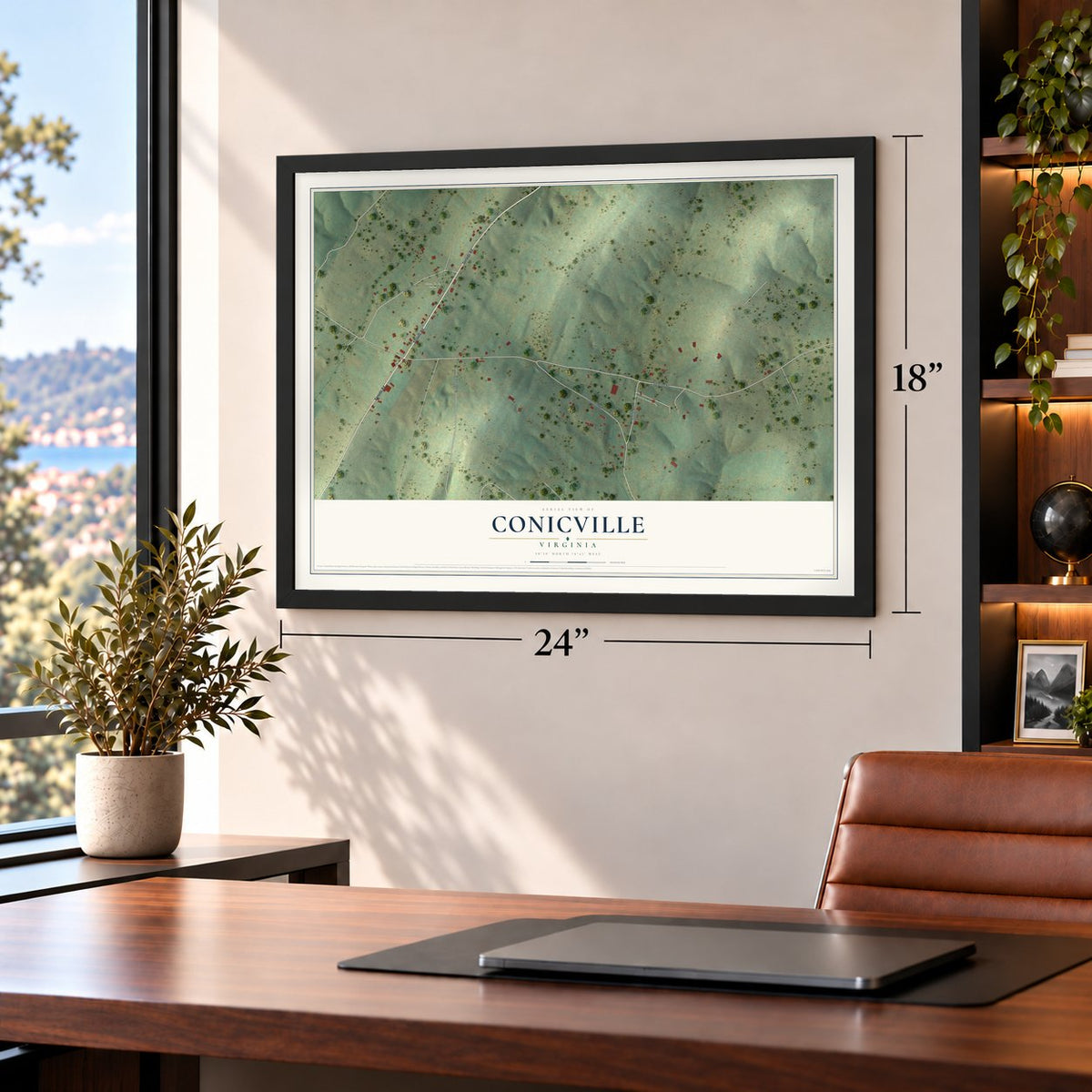 Conicville, Virginia map, 18 x 24 inch print in a black frame in a home office