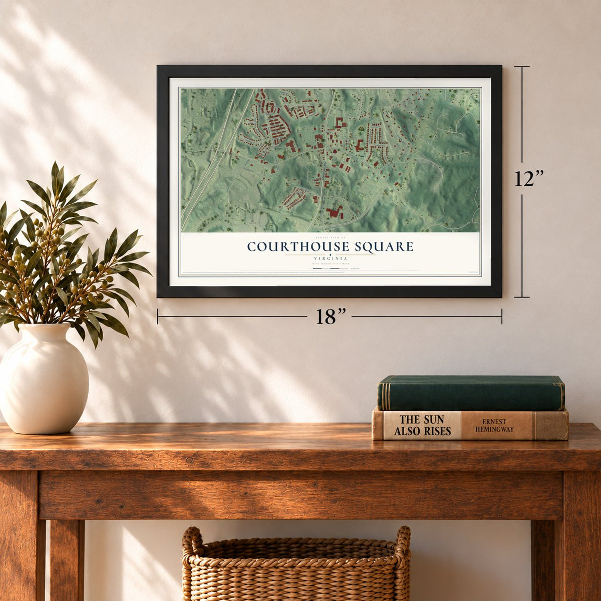 Courthouse Square, Virginia map, 12 x 18 inch print in a black frame in an entryway