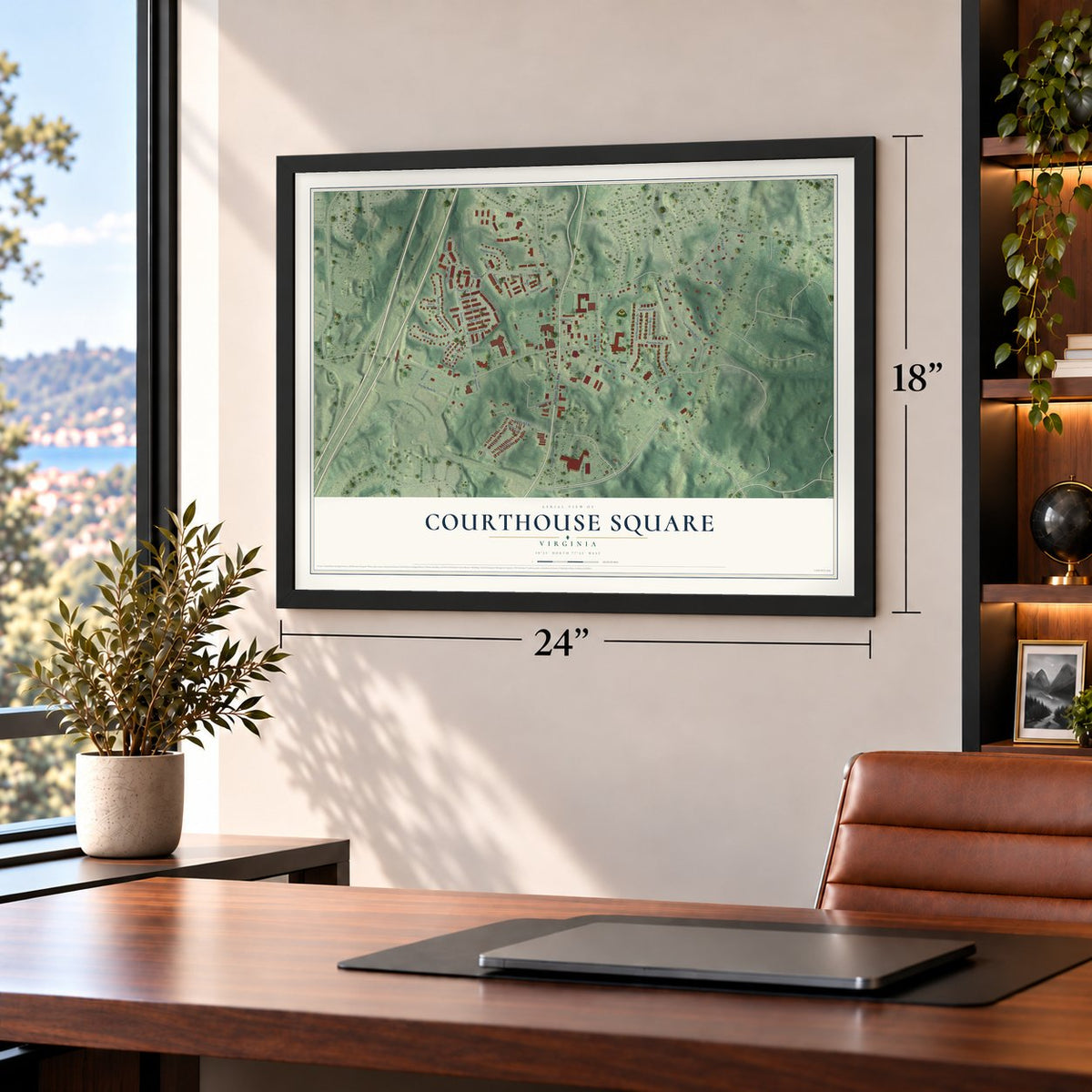 Courthouse Square, Virginia map, 18 x 24 inch print in a black frame in a home office