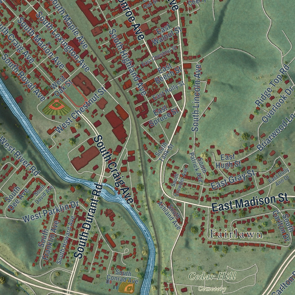 Close-up of the map of Covington, Virginia print showing street and building detail