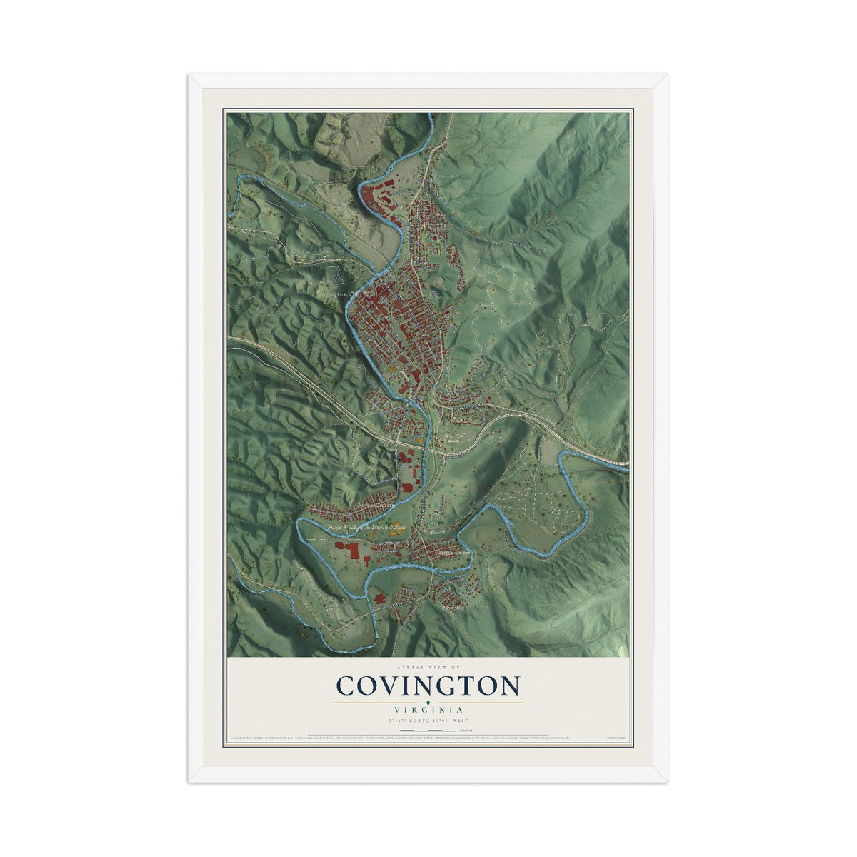 Map of Covington, Virginia, 12 x 18 inch print in a white wood frame