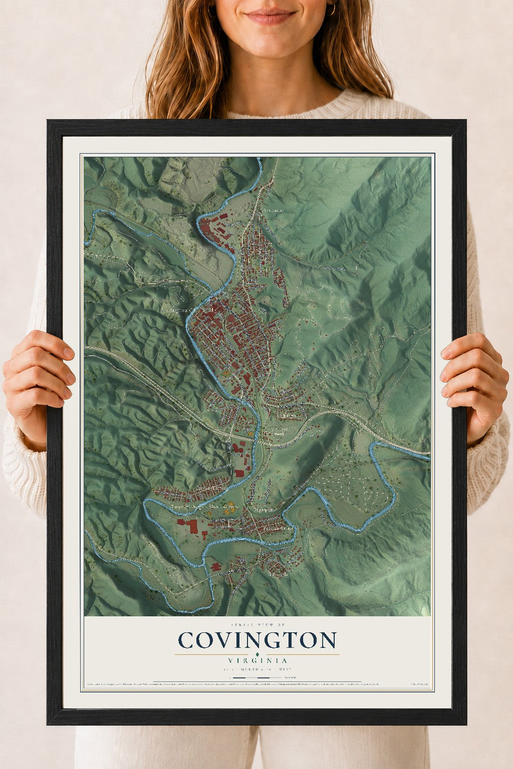 Map of Covington, Virginia, 18 x 24 inch print in a black wood frame