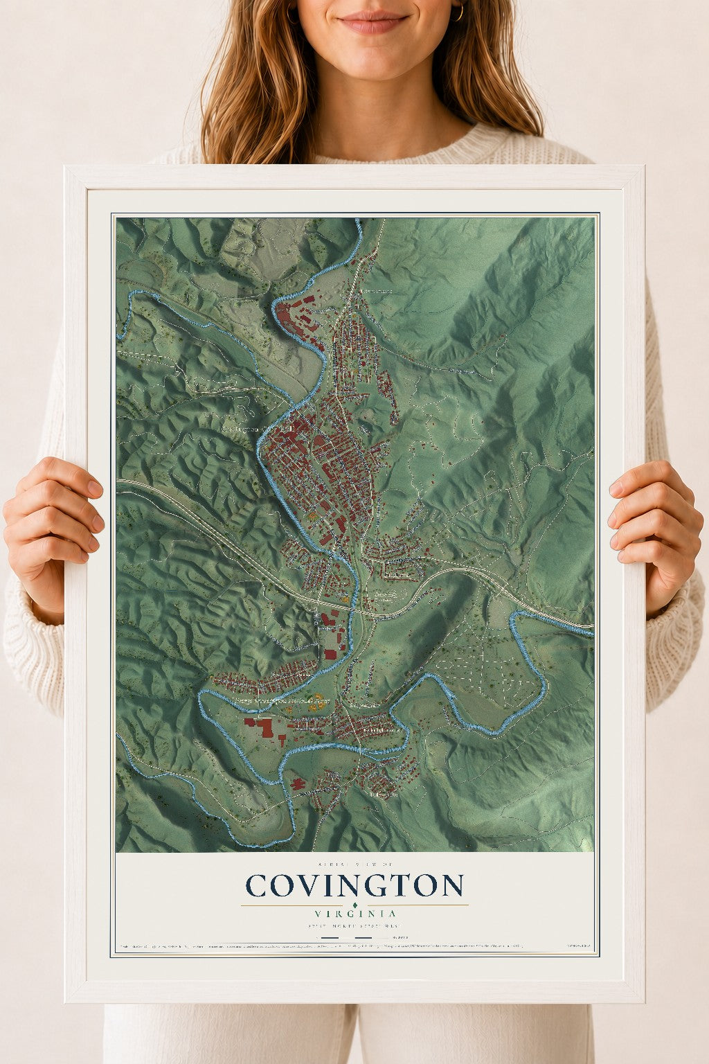Map of Covington, Virginia, 18 x 24 inch print in a white wood frame