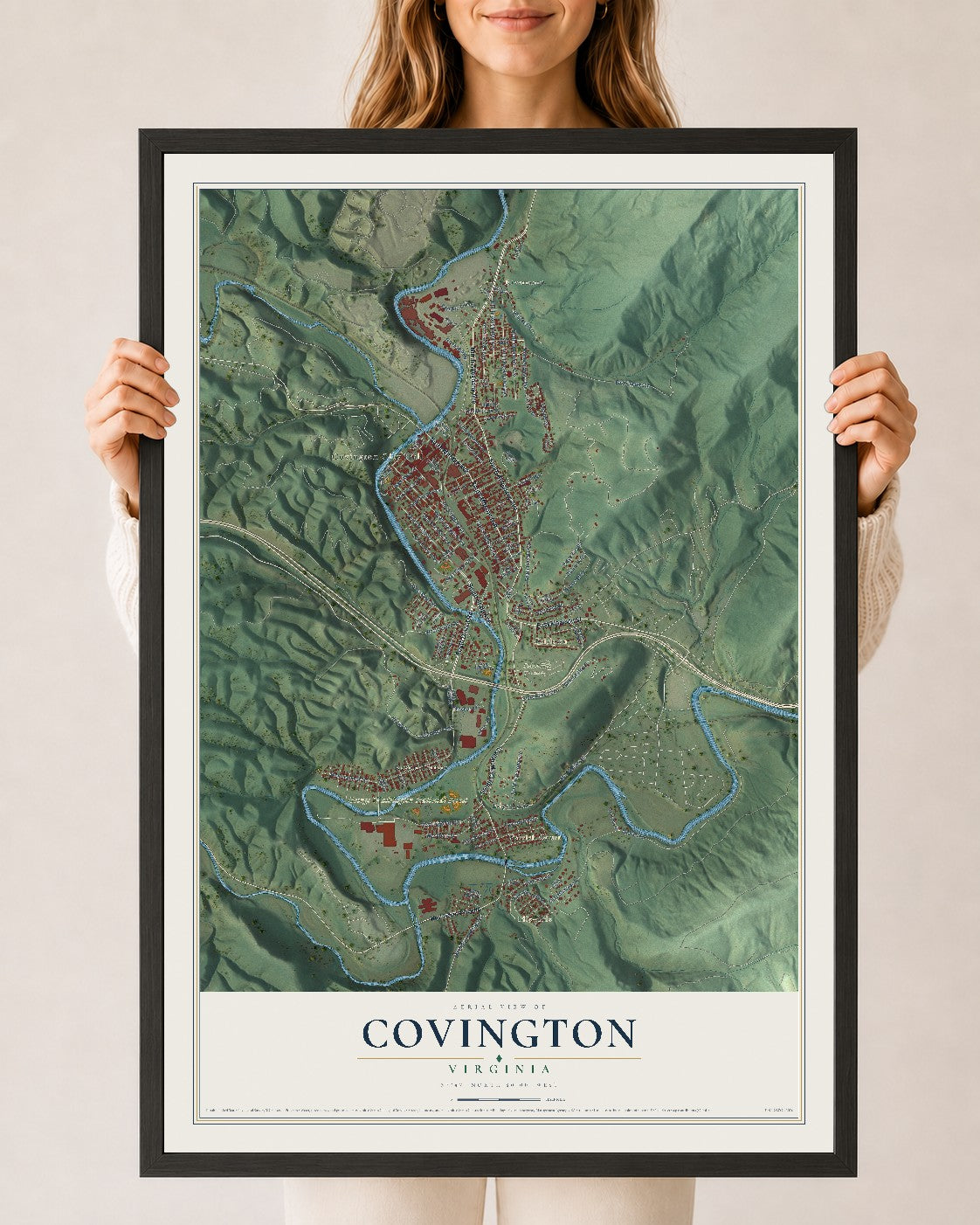 Map of Covington, Virginia, 24 x 36 inch print in a black wood frame