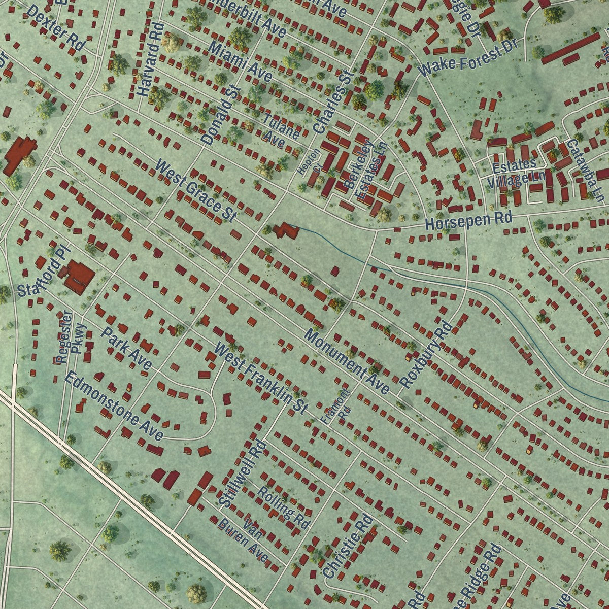 Close-up of the map of Crestview, Virginia print showing street and building detail