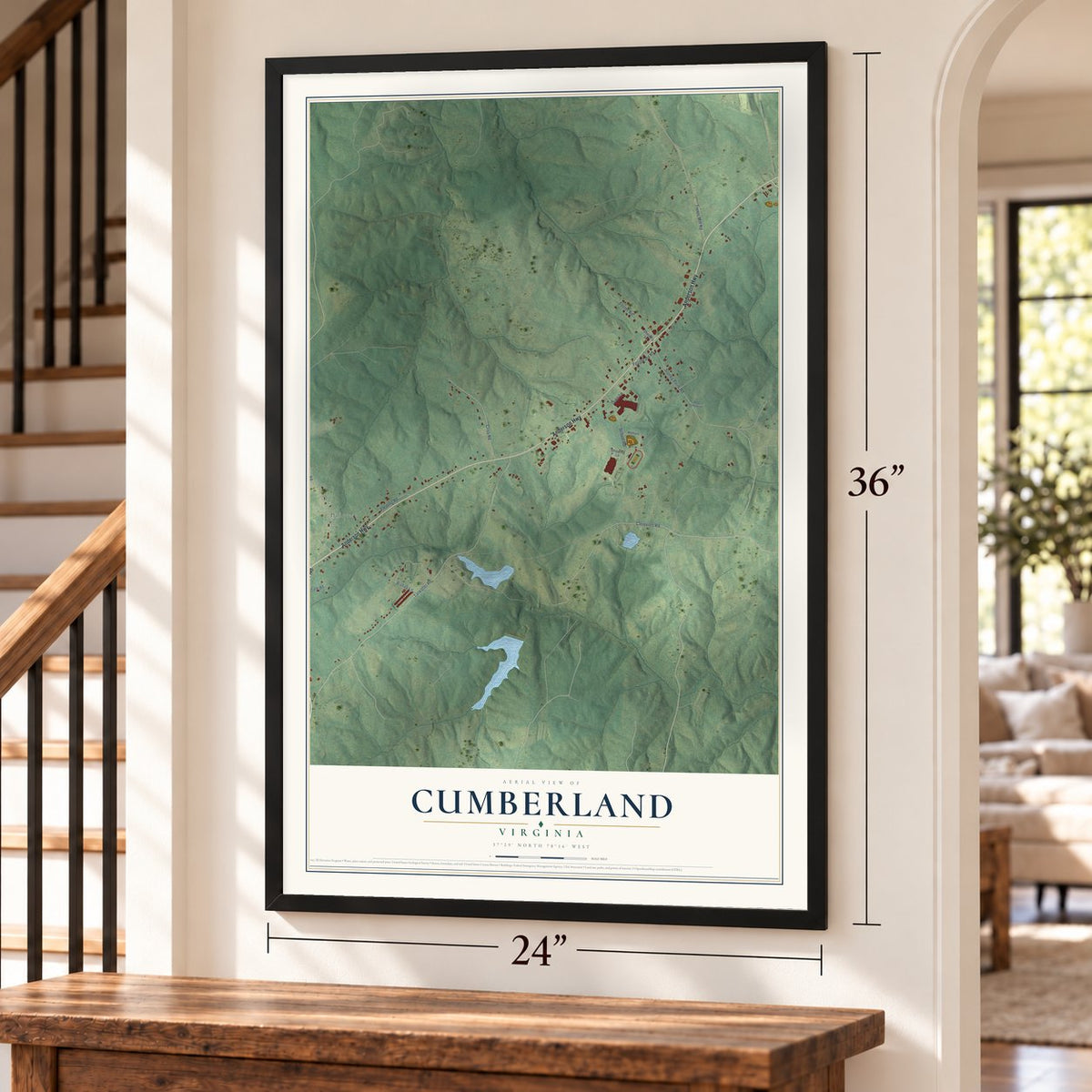 Cumberland, Virginia map, 24 x 36 inch print in a black frame by a staircase