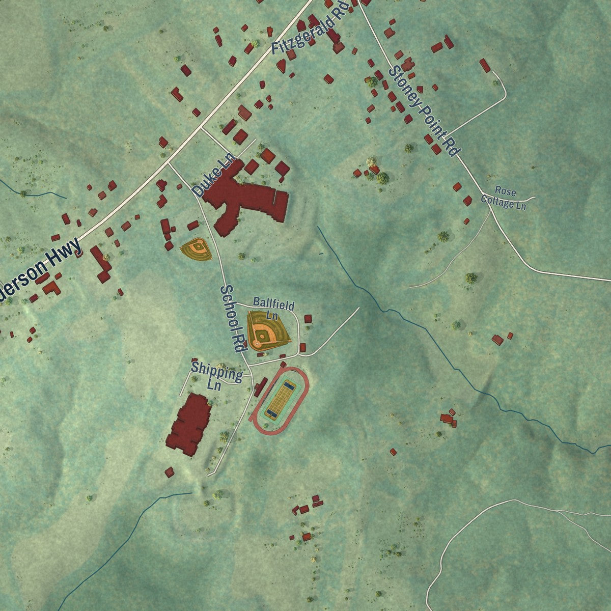 Close-up of the map of Cumberland, Virginia print showing street and building detail