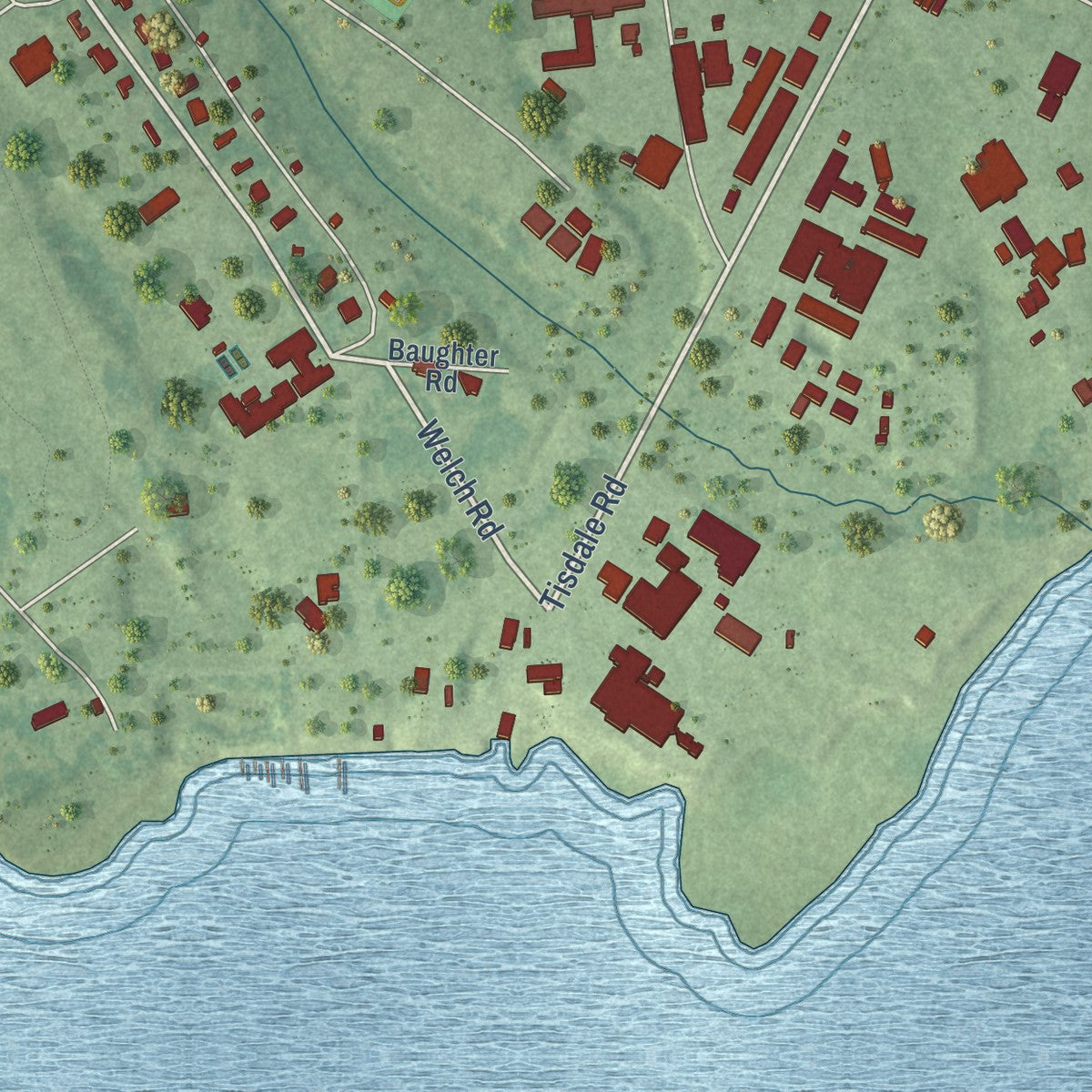 Close-up of the map of Dahlgren Center, Virginia print showing street and building detail